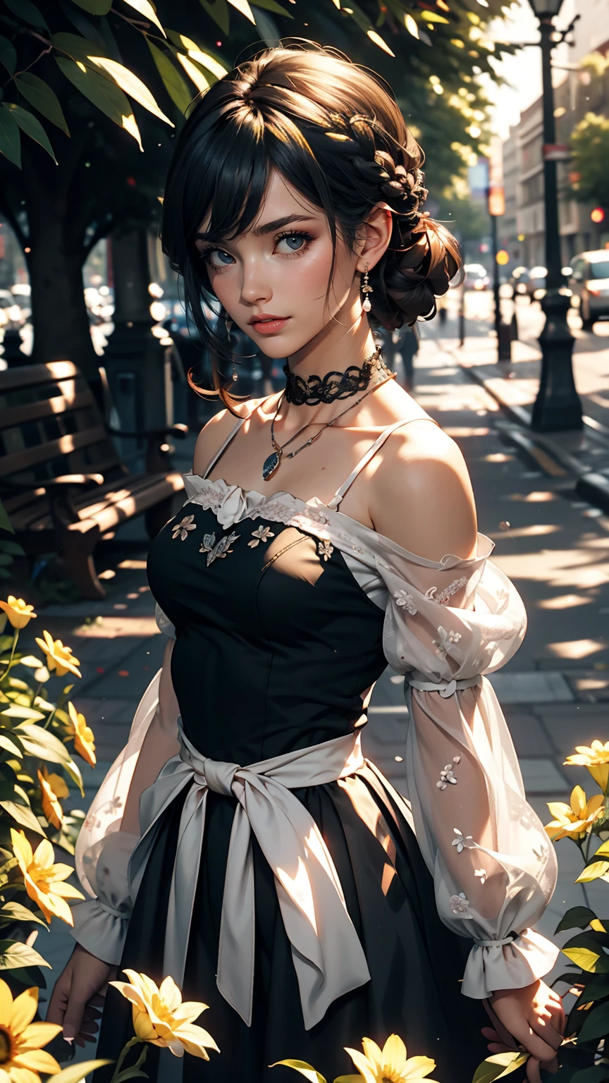 (masterpiece:1.2), (highest quality:1.2), Perfect Eyes, Perfect Face, Perfect lighting, One girl, Mature goth girl woman standing with hands out in front of her, Long Hair, Complicated hairstyle, compensate, Black Lips, Thick eyelashes, sad, melancholy, Dressed as a goth girl, Black and white dress, Frills, ribbon, Puffy sleeves, Exposing shoulders, Lace choker, jewelry, peaceful, quiet, Chill, Detailed outdoor background, Beautiful Landscape, Fantasy, summer, sunny, Sunburned, Flowers, wood  