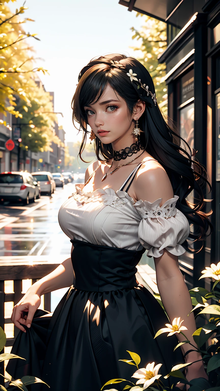 (masterpiece:1.2), (highest quality:1.2), Perfect Eyes, Perfect Face, Perfect lighting, One girl, Mature goth girl woman standing with hands out in front of her, Long Hair, Complicated hairstyle, compensate, Black Lips, Thick eyelashes, sad, melancholy, Dressed as a goth girl, Black and white dress, Frills, ribbon, Puffy sleeves, Exposing shoulders, Lace choker, jewelry, peaceful, quiet, Chill, Detailed outdoor background, Beautiful Landscape, Fantasy, summer, sunny, Sunburned, Flowers, wood