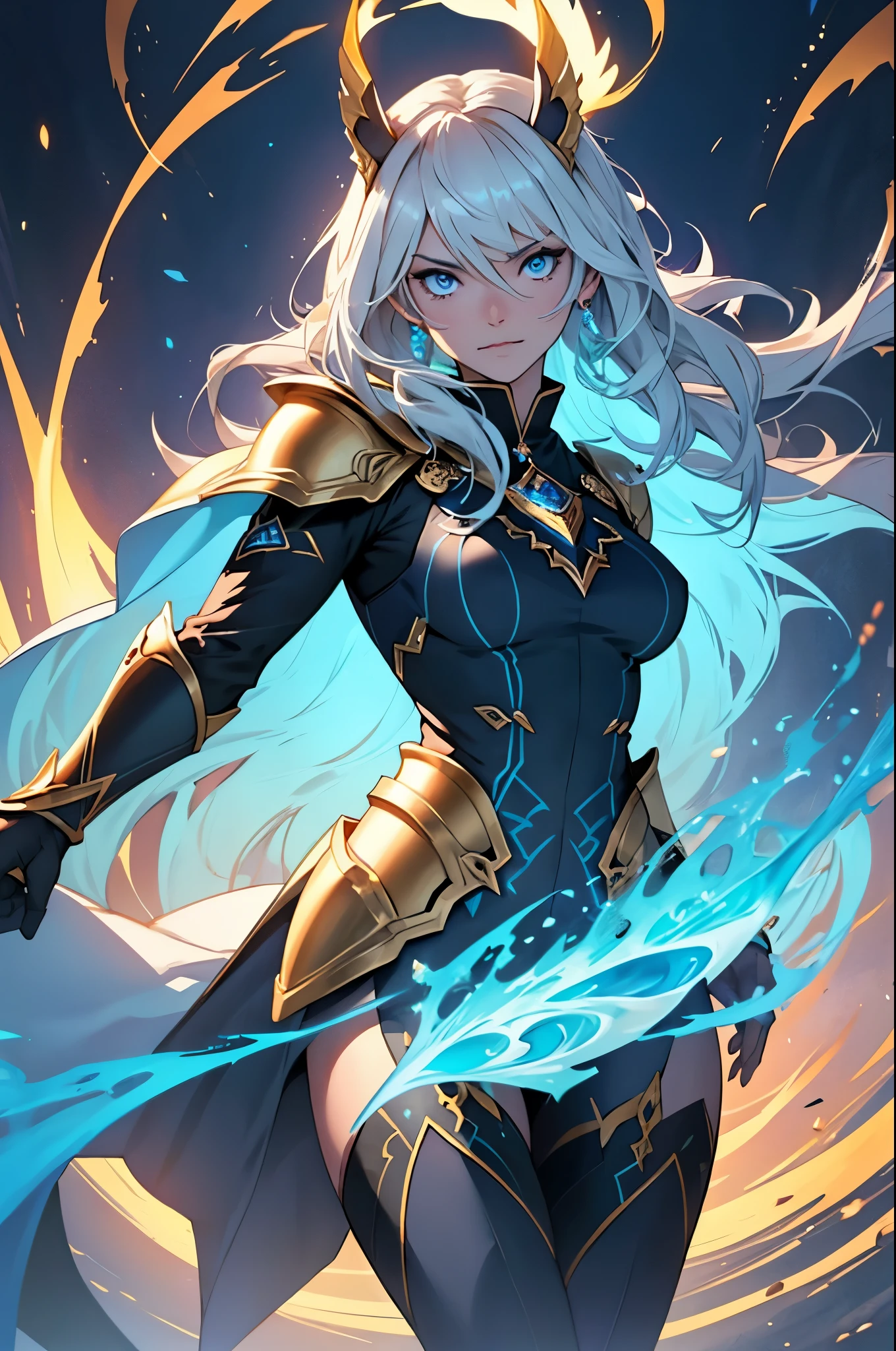    Illustrate Ingrid Falk (Freya) in an action pose. She is in the midst of summoning her divine powers, with her elegant light armor and velvet blue cloak flowing dynamically. Her intense blue eyes are focused and fierce, and her long, golden, wavy hair moves with her. Surround her with a dynamic golden, ethereal aura with glimmers of light and floating petals, glowing warmly and brightly, to showcase her connection with Freya and her powerful presence.