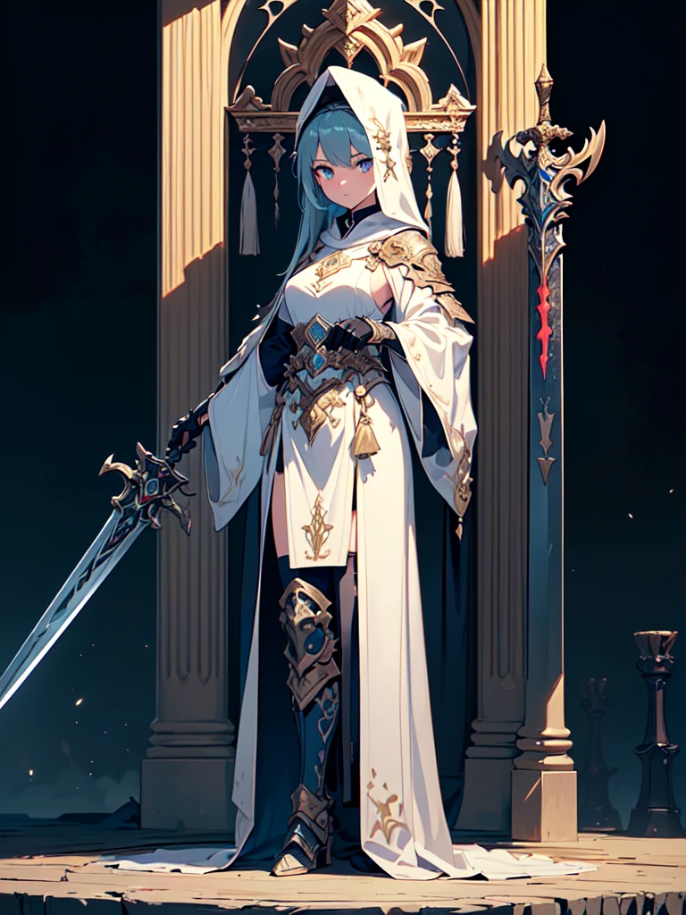 (((masterpiece, best quality, high detailed, 8k))) Design a layout showcase Gaming character, (1girl). White|Gold clothes, stylish and unique. ((showcase weapon:1.4)), holy scepter. (masterpiece:1.2), (best quality), 4k, ultra-detailed. (Step by step design, layout art:1.5), (luminous lighting, atmospheric lighting). priestess, ((glove full hands)), (((revealing clothes:1.3))), vambraces, armored legwear, (((full_body_shot:1.4))). {In a sacred temple}.