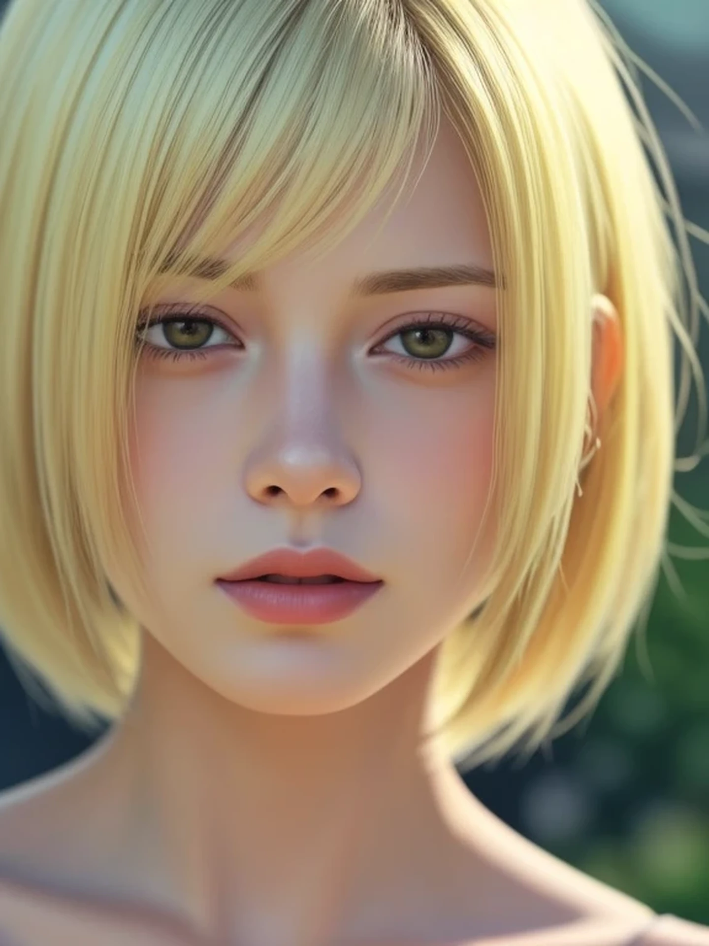 Close-up head, To the camera, Realistic digital painting of a woman portrait, Shy, open mouth to say something, sad, (short Hair:1.1), bangs, (Soft silky Blonde Hair:1.3), (Highly detailed skin:1.2), Mystical style, Global Illumination,