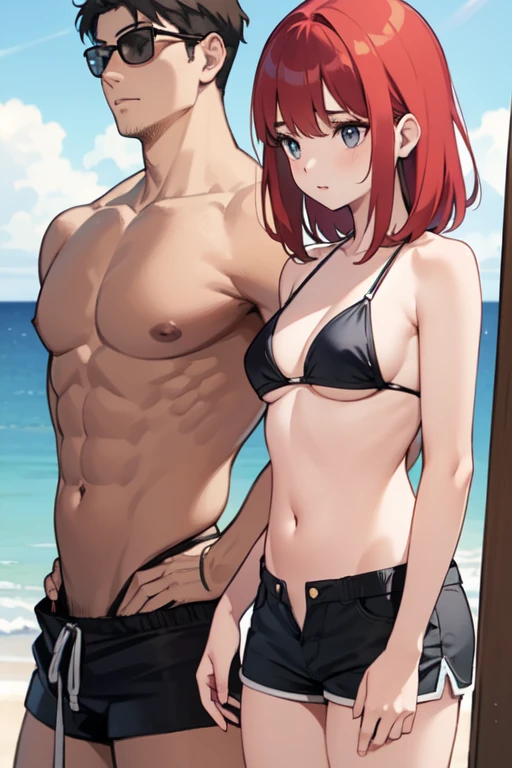 ((best quality)), ((masterpiece)), (detailed), perfect face
beautiful girl in black bikini with red straight hair shy, (((slim man with naked weak upper body and shorts standing near her))),at the beach