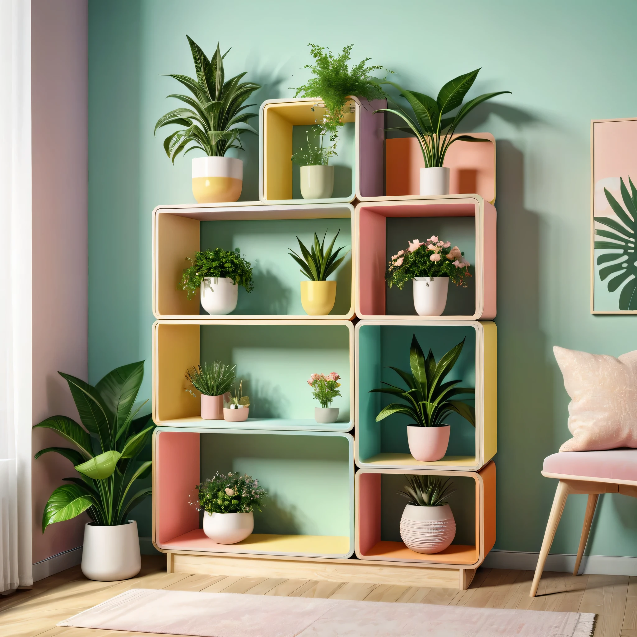 unusual small modular shelving unit made of plywood, trendy colors, for flowers and plants, trendy design, modern design, feminine shelving unit, for women, for housewives, photorealistic, 8k, 16k, super detailed, studio light, cinematic, pastel colors