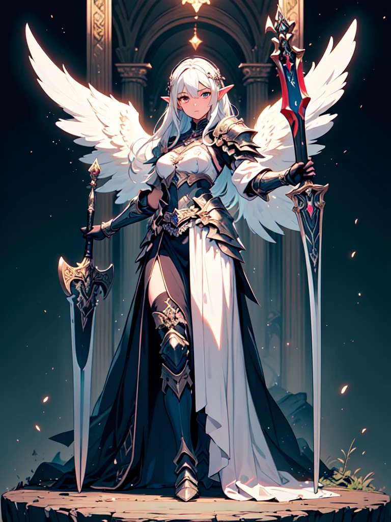 (((masterpiece, best quality, high detailed, 4k))) Design a layout showcase Gaming character, (1girl). Purple|Black clothes, stylish and unique. ((showcase weapon:1.4)), holy majestic spear. (masterpiece:1.2), (best quality), ultra-detailed. (Step by step design, layout art:1.5), (luminous lighting, atmospheric lighting). arcane elf, ((glove full hands)), (((revealing clothes:1.3))), vambraces, armored legwear, (((full_body_shot:1.4))). {In a mystical library}. (zentangle, mandala, tangle, entangle), (fractal art:1.3), maxiskirt, dress conservatively, (elf:1.2), solo, full body, wide shot, standing with white boots, holding spear down, blunt bangs, hair between eyes, white hair, golden eyes, long hair, elf ears, Valkyrie white armor, angel, chest protector, side bang, from front, extra size body, night, mountain, looking at viewer, dynamic pose, art style by Artgerm, by Kawacy, by Wadim Kashin, BREAK, eyelashes, eyeshadow, pink eyeshadow.