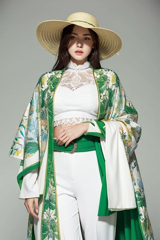White Lily Female Knight,White clothes,White trousers,Wearing a green floral cloak,She is wearing a floral dress that shows her belly,Wear a long-brimmed hat that covers one eye,Hold the sword in your left hand,whole body