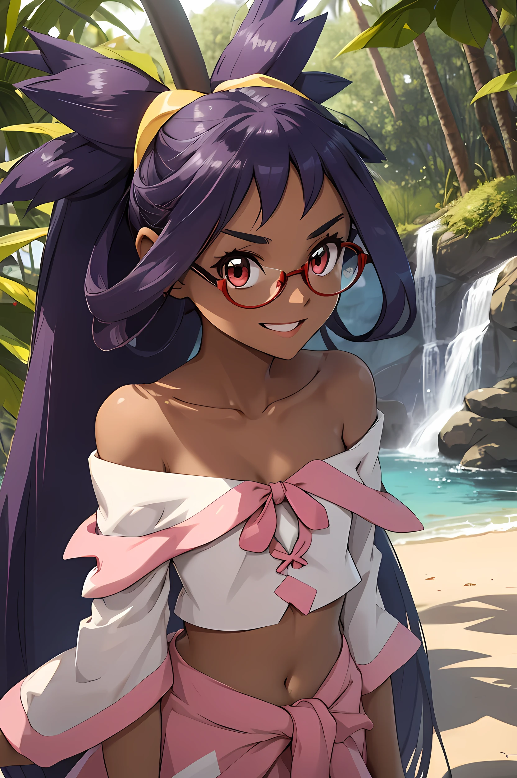 iris (pokemon), long purple hair, big hair, red eyes, dark skin, hair ornament, (masterpiece, best quality), 1girl, small breasts, small hips, crop top, sundress, pervert, , glasses, (masterpiece, best quality:1.1), 1girl, solo, lemon eyes, arms behind head, adjusting clothes, looking back, outdoors, beach sculpture trail, abstract art, sunlight, abstract sculptures, natural settings, nature walks, meditative spaces, bored, distracted, off-shoulder top, long hair, waterfall braid, defined lips, full eyebrows, defined jawline, upper body, perfect eye detail, grinning smile, pink ribbon,