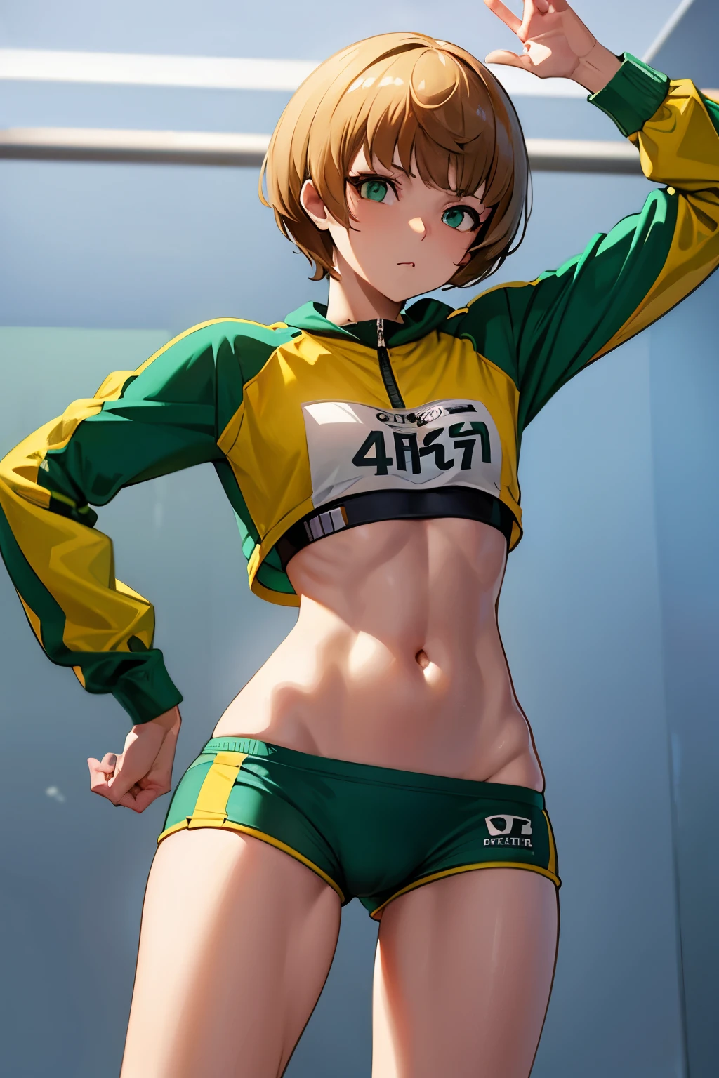 chie satonaka del juego persona 4 golden con ropa deportiva apretada a su cuerpo 