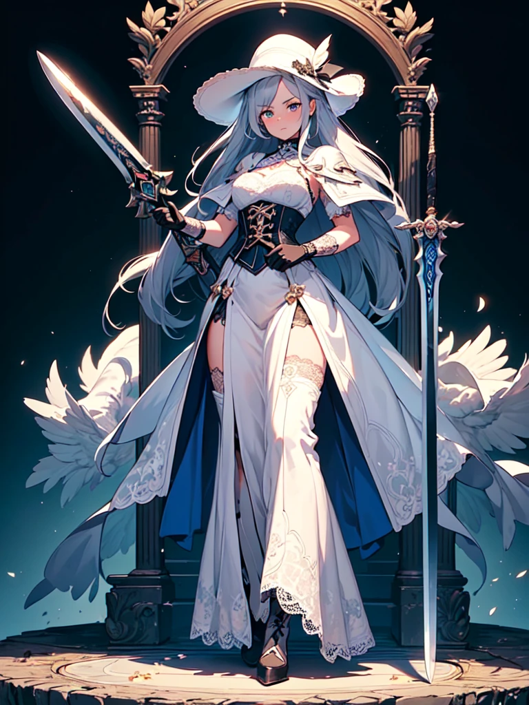 Design a layout showcase Gaming character, (1girl). Silver+White clothes, elegant and pristine, ((showcase weapon:1.4)), rapier, (masterpiece:1.2), (best quality), 4k, ultra-detailed, (Step by step design, layout art:1.5), (ethereal lighting, soft lighting), duelist, ((feathered hat)), (((lace gloves:1.3))), corset dress, thigh-high boots, (((full_body_shot:1.4)))

