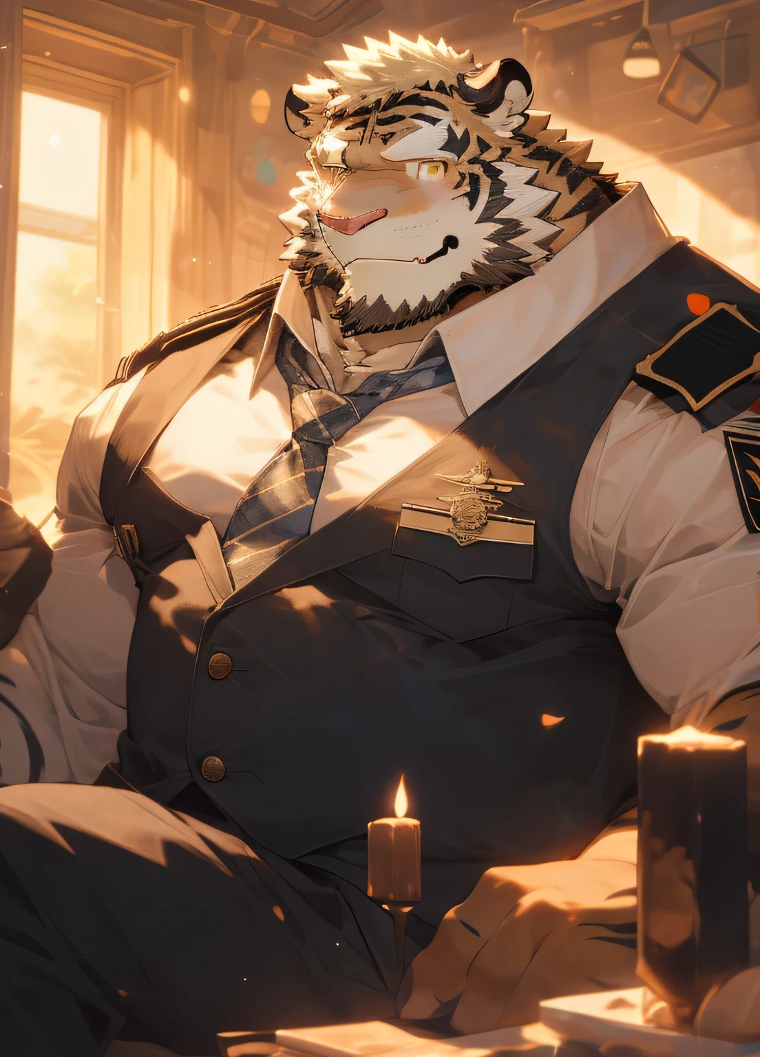 (masterpiece),(Very detailed),(best quality),hairy,Tiger Orc,Orange fur,With some blond hair,Golden pupils,Special military emblem,muscular,(military uniform:1.2),((black:1.3,tie:1.4)),(((unbutton your clothes))),(((Smile))),(Warm and cheerful:1.1),Stand upright,dusk,Sunset outside the window,Light shines in from the window,(Very detailed),8K,(super high quality),Hairy Tiger Tail,Abdominal muscles,Handsome,Young tiger