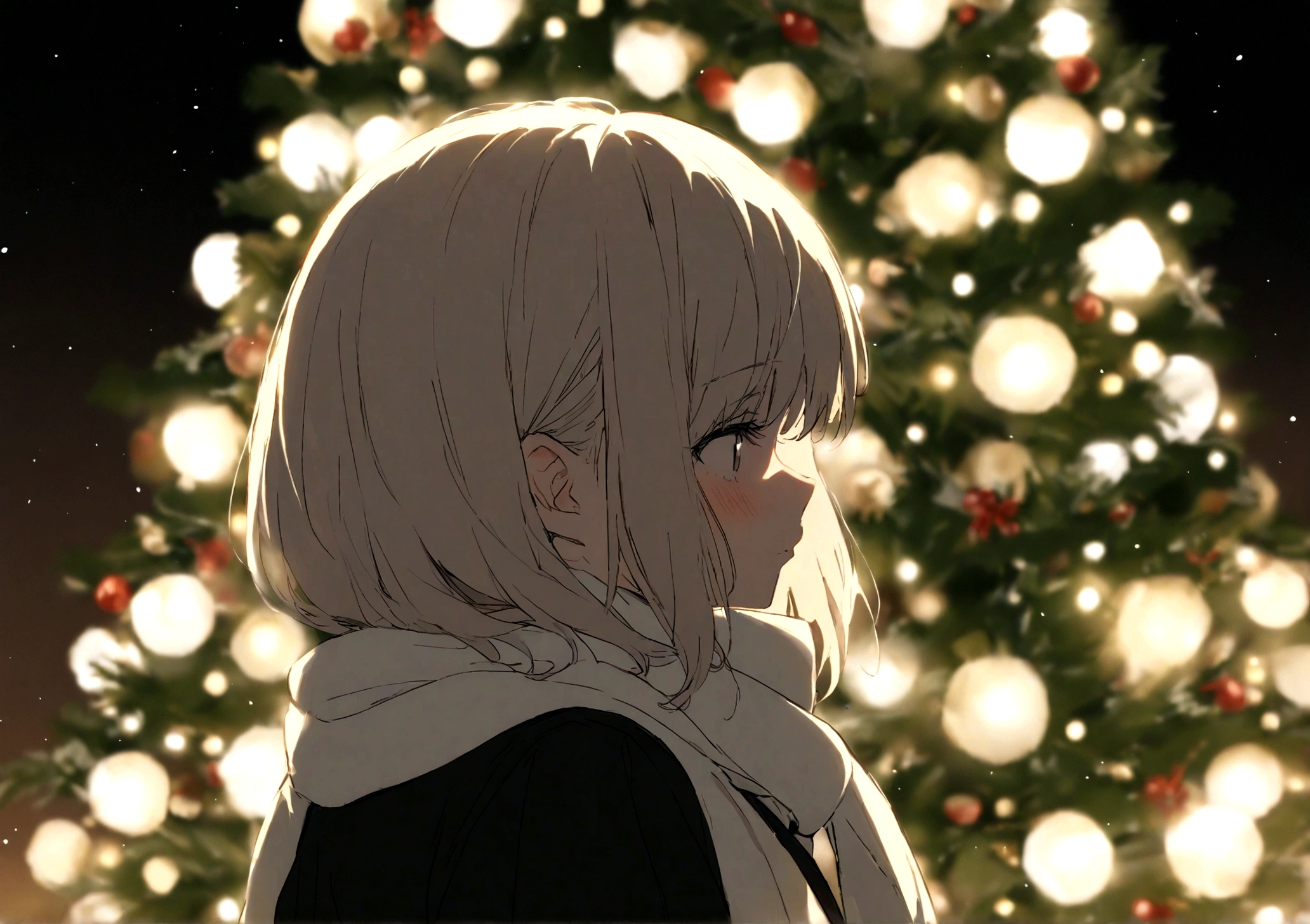 Christmas　Christmasツリー　One high school girl　A high school girl is looking at the tree　A high school girl wearing a white scarf around her neck　A high school girl turns her back so her face is not visible　Background is night　Masterpiece　highest quality