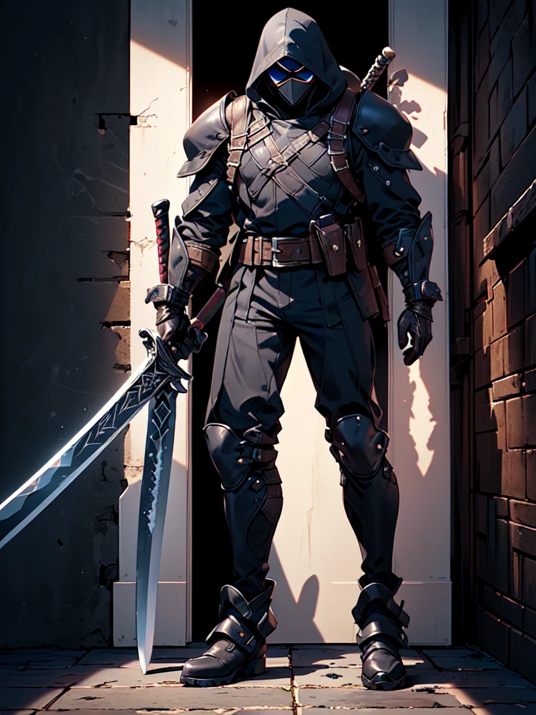 Design a layout showcase Gaming character, (1boy). Black+Gold outfit, stealthy and agile, ((showcase weapon:1.4)), katana, (masterpiece:1.2), (best quality), 4k, ultra-detailed, (Step by step design, layout art:1.5), (shadowy lighting, mysterious lighting), ninja, ((face mask)), (((leather gloves:1.3))), stealth suit, tabi boots, (((full_body_shot:1.4)))