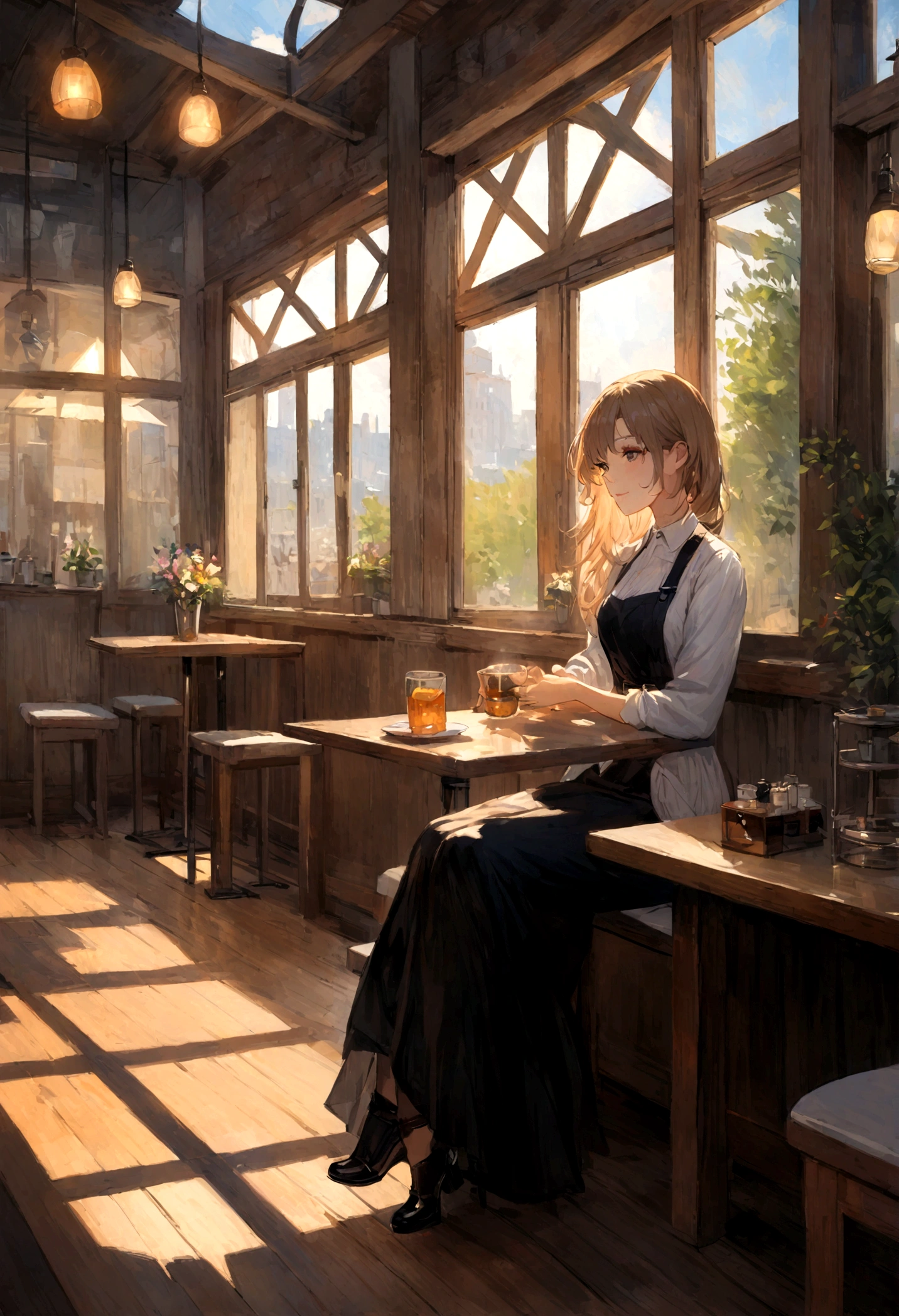 Girl sitting in café、Oil painting、window