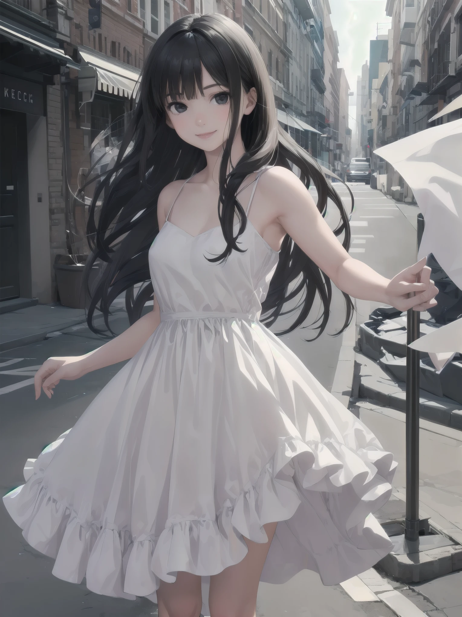 1girl, solo, long hair, looking at viewer, smile, bangs, black hair, dress, standing, white dress, black eyes, realistic, voice actor
