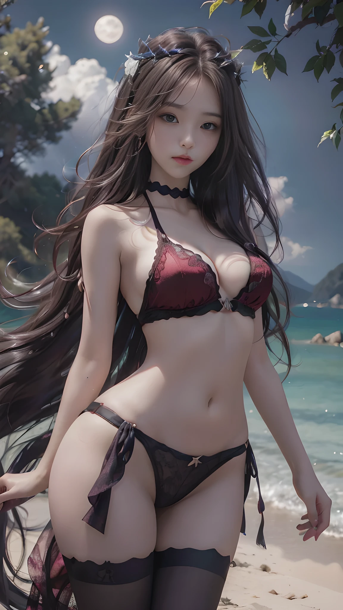 full hd 8k, Girl standing in front of a dark night scene, full moonlight reflecting on her beautiful face. Her long, silky hair was gently blown by the night wind, creating a gentle and romantic feeling. She is walking on a large beach. She looked up at the starry sky, as if searching for something, her eyes showing a pensive and lonely look. The full moon shines in the night sky creating a beautiful scene. The girl has long, silky hair, creating a luxurious and noble beauty. The moonlight shines on the girl's delicate face, highlighting her large, round light brown eyes, creating a natural, gentle beauty. She wore a little sexyly red bikini to create a sexy beauty. Her plumble breasts were exposed, revealing her plumble and extremely sexy breasts. These images capture detailed panoramic portraits and views of the sky and sea. All create a beautiful, wonderful picture that makes people unable to take their eyes off the scene. All of these details are depicted clearly and sharply, creating sexyly poses,