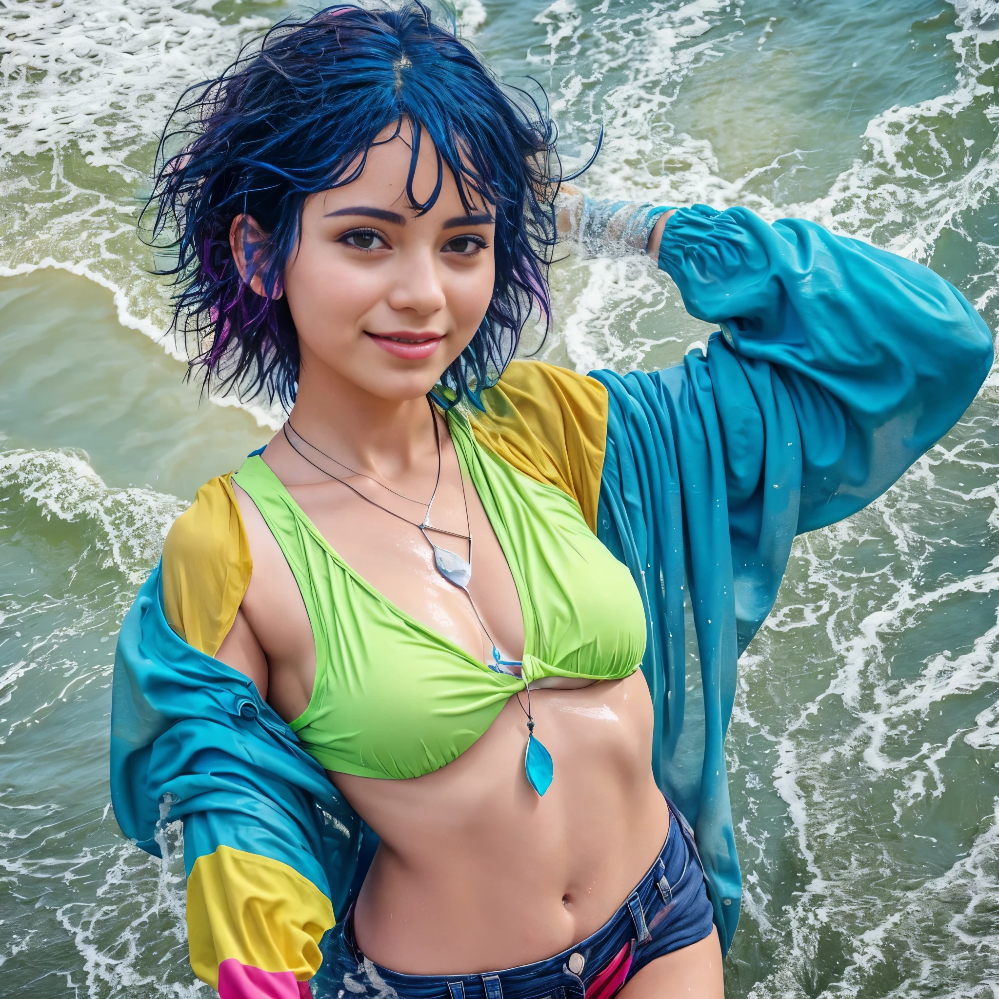(Best quality, 8k, 32k, Masterpiece, UHD:1.2),Photo of Pretty woman, very short bob hair,upper body,oversized_shirt, necklace,  background, from above, looking at viewer, dyed rainbow hair, tropical beach, smile, jacket, tunic, standing in water, wet clothes, wet, wet hair, soaked, african