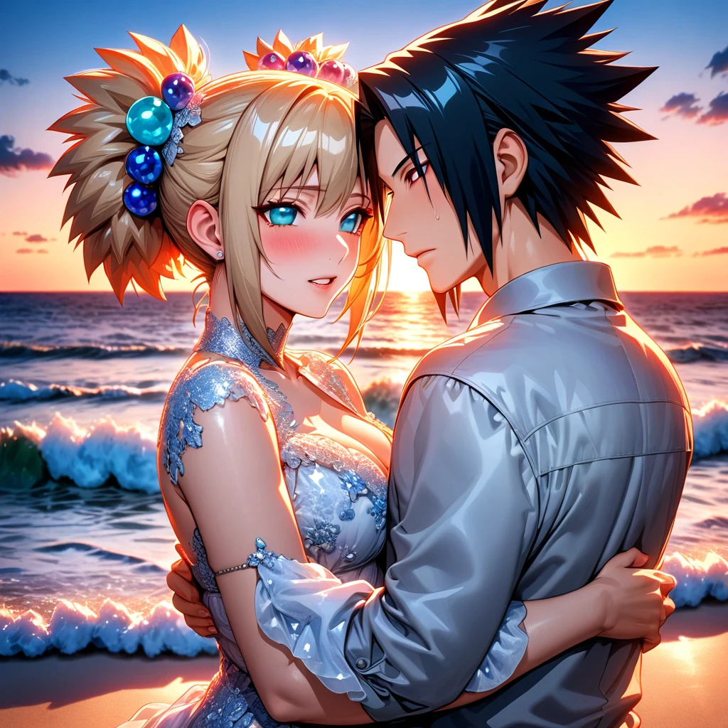 Ultra detailed, highres, absurdres, HDR, master piece, Temari, sand-blond hair, expressive teal eyes, Uchiha Sasuke, black hair, expressive red eyes, sunset, beach, a handsome man together with a beautiful woman, couple, love, Naruto Shippuden, very detailed face and eyes, water, summer, best quality, happy, white wedding clothes, y