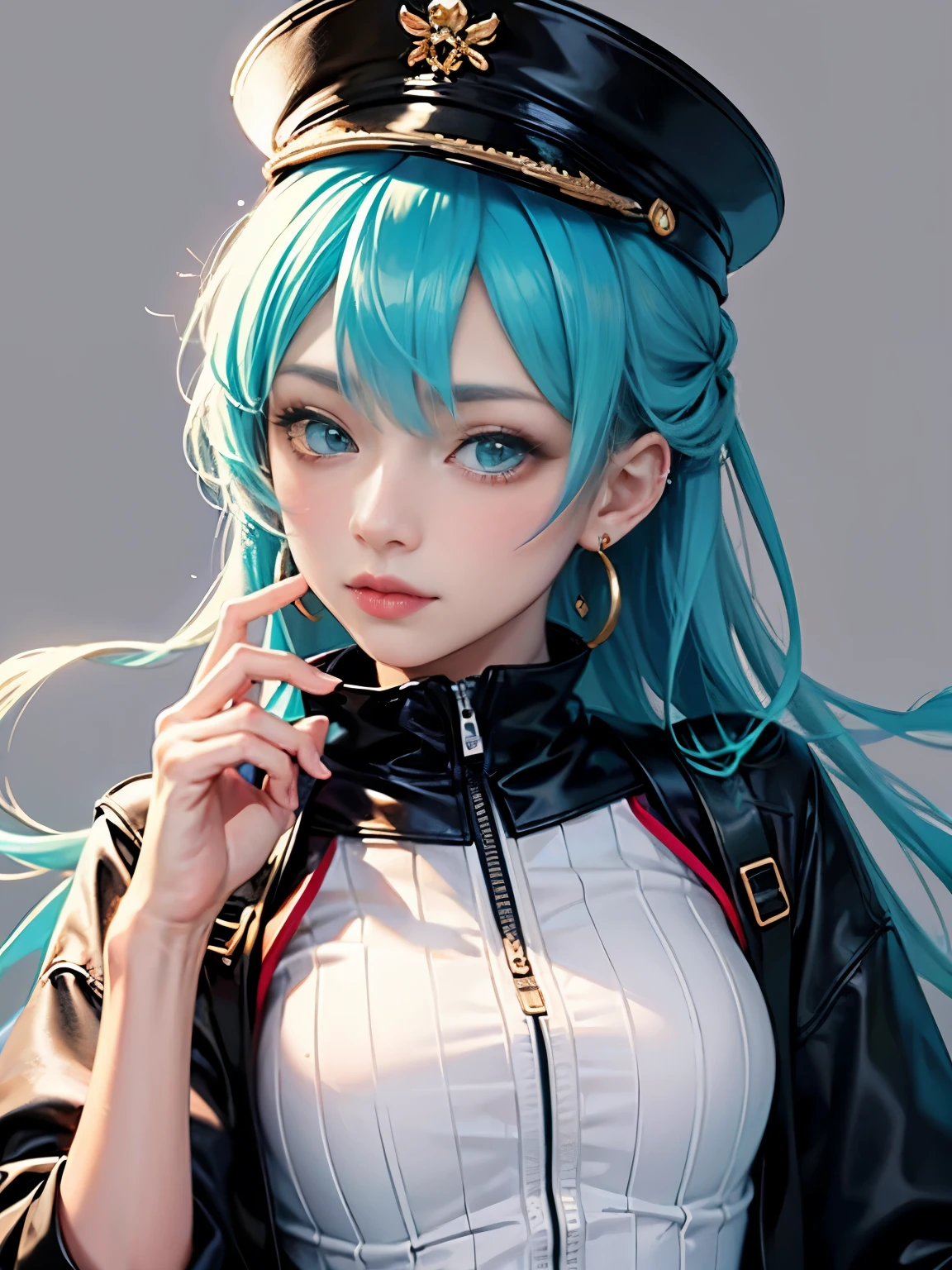 Upper body close-up image. A beautiful woman. facial details. Beautiful double eyes. The bridge of my nose. Well-shaped lips. She has long blue hair. He wears black combat uniform and carries a sword. A masterpiece.
