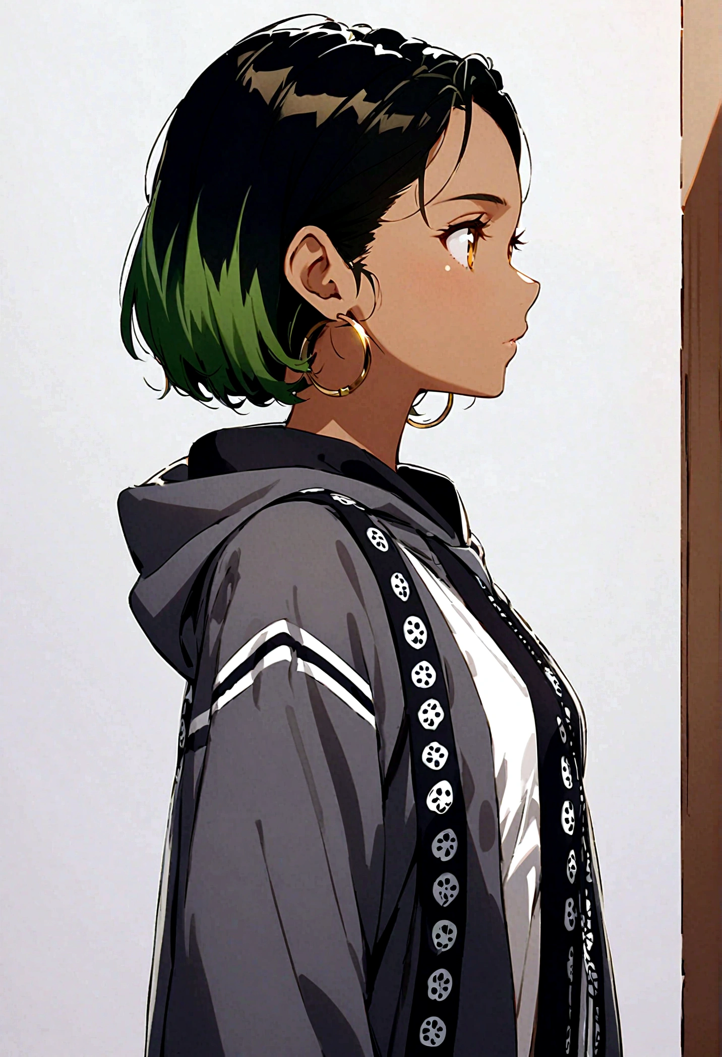 Beautiful anime-style girl, long green hair slightly curly, dark skin, yellow eyes, wide plain white shirt with no print, hoop earrings, small breasts, upper body, side view