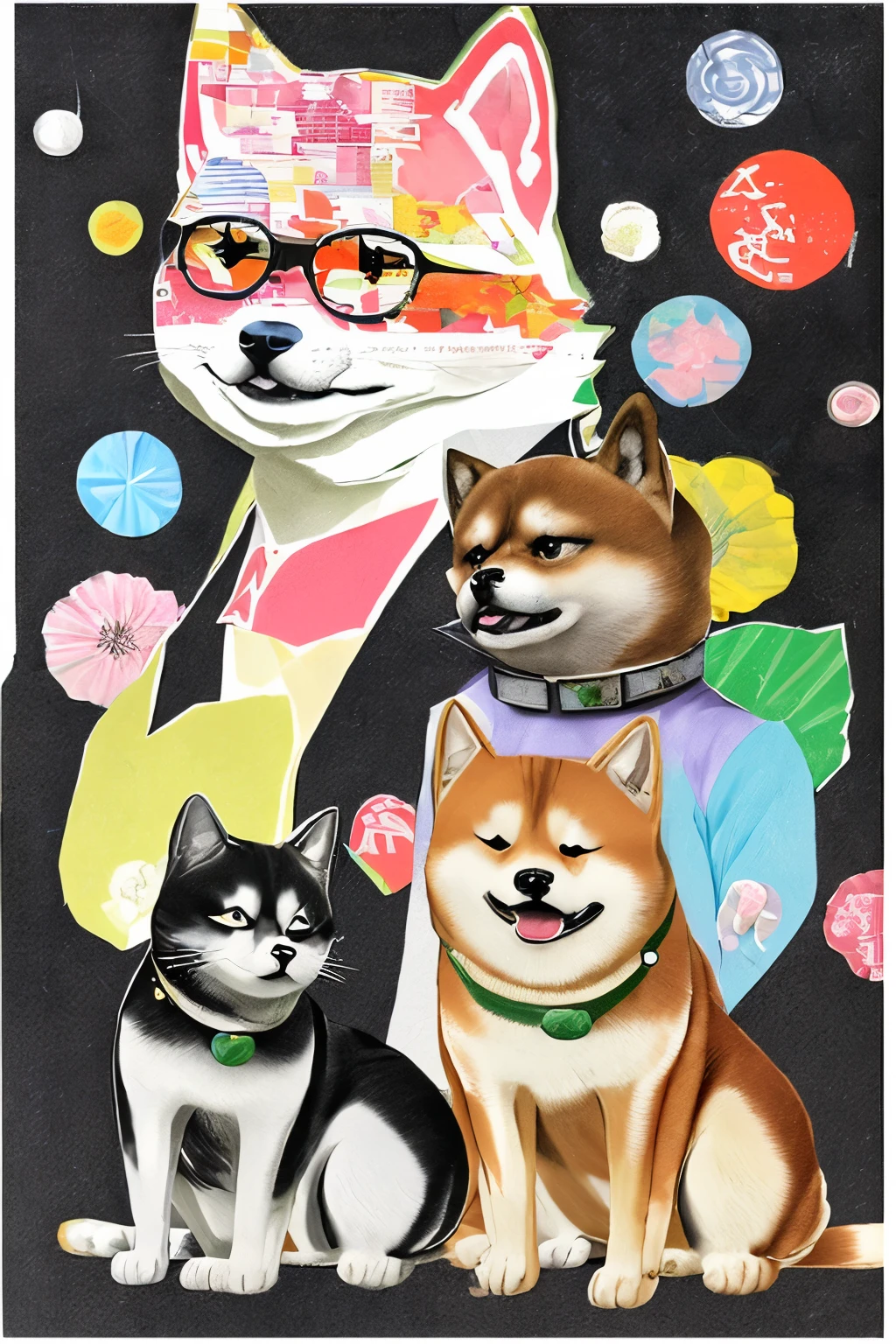 New York style art,peace,Laughing Shiba Inu and cat,(Made by kindergarteners,Japanese paper collage)