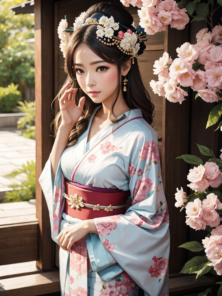 goddess with a soft look, light hair and light eyes. dressed in kimono covered by flowers. geisha