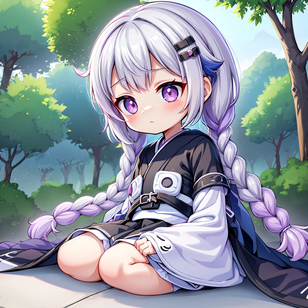 masterpiece,Little,cute、こたつでくつろぐLittle***とLittle***、Relaxed facial expression、Mikan and cat kotatsu、sdcgsd、Milky white and purple gradient long hair、Double braid、Black and white diamond-shaped hair ornaments on both sides、Little***、The boy has two-tone white and light blue short hair.、Taking a nap together、Heartwarming、A fluffy world、ゆるcute世界、The sunlight filtering through the trees is shining on the two of them.、The best light source、