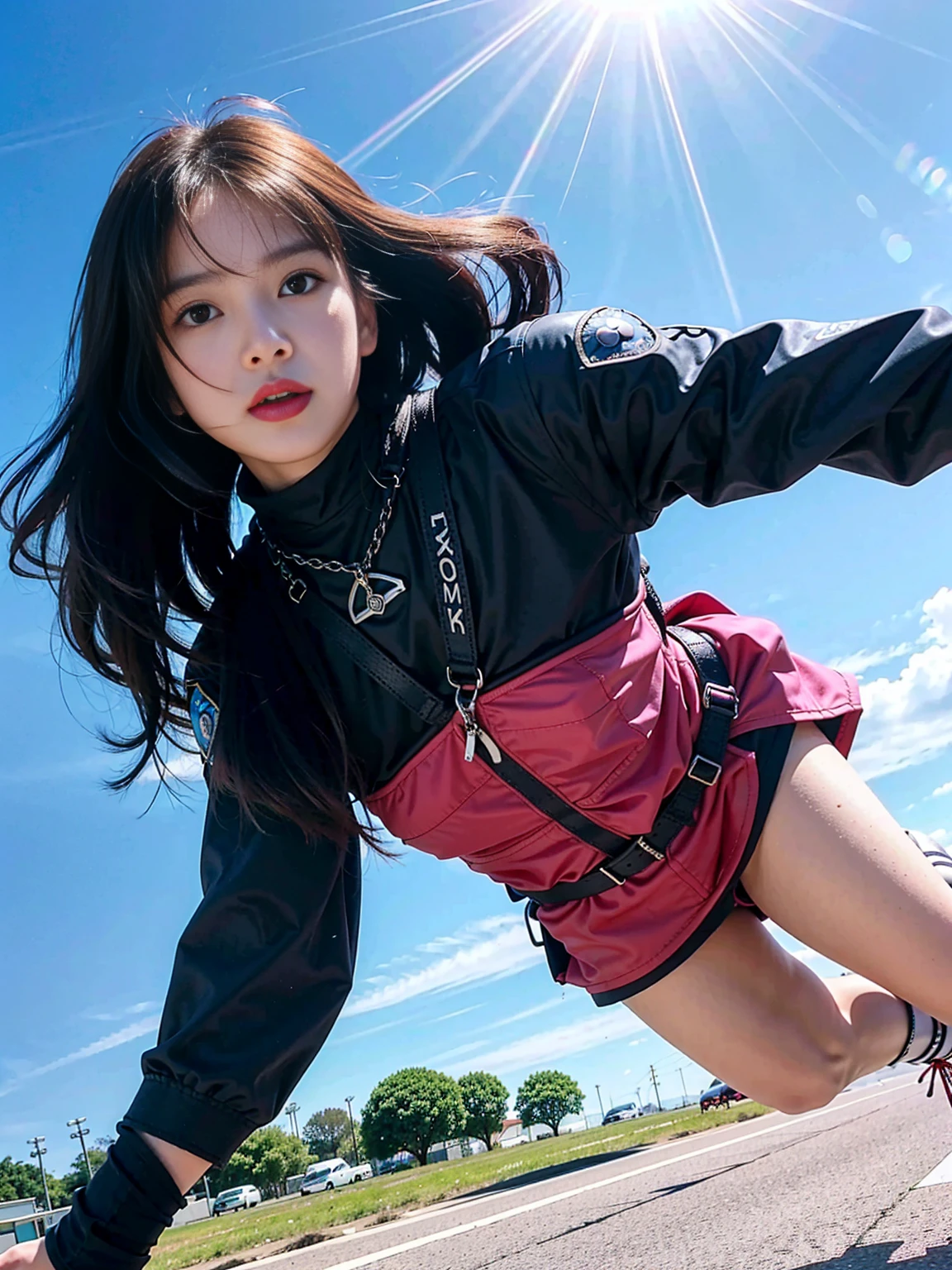 Jump skydiving on plane scene, black pink Lisa parachuting with long hair flying in a mess, black police uniform, harness, flowing pink miniskirt, in a panoramic view, anatomically correct, above knee portrait photo, very realistic, material reflective and dispersive. Dispersion of light and sunlight, and clouds high detail, high quality