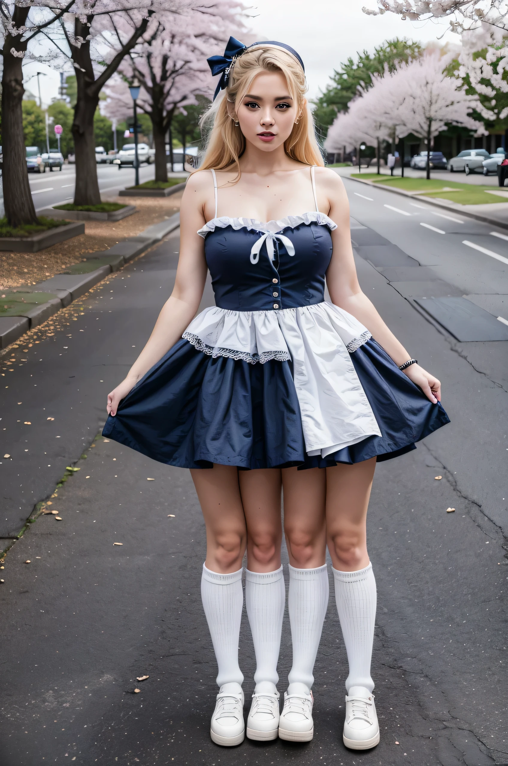 trileg, three-legged girl, age 20, slightly curvy, blonde hair, lolita fashion, navy blue and white lolita dress, hair ribbons, white knee high socks, black shoes, in a park surrounded by cherry blossom trees,