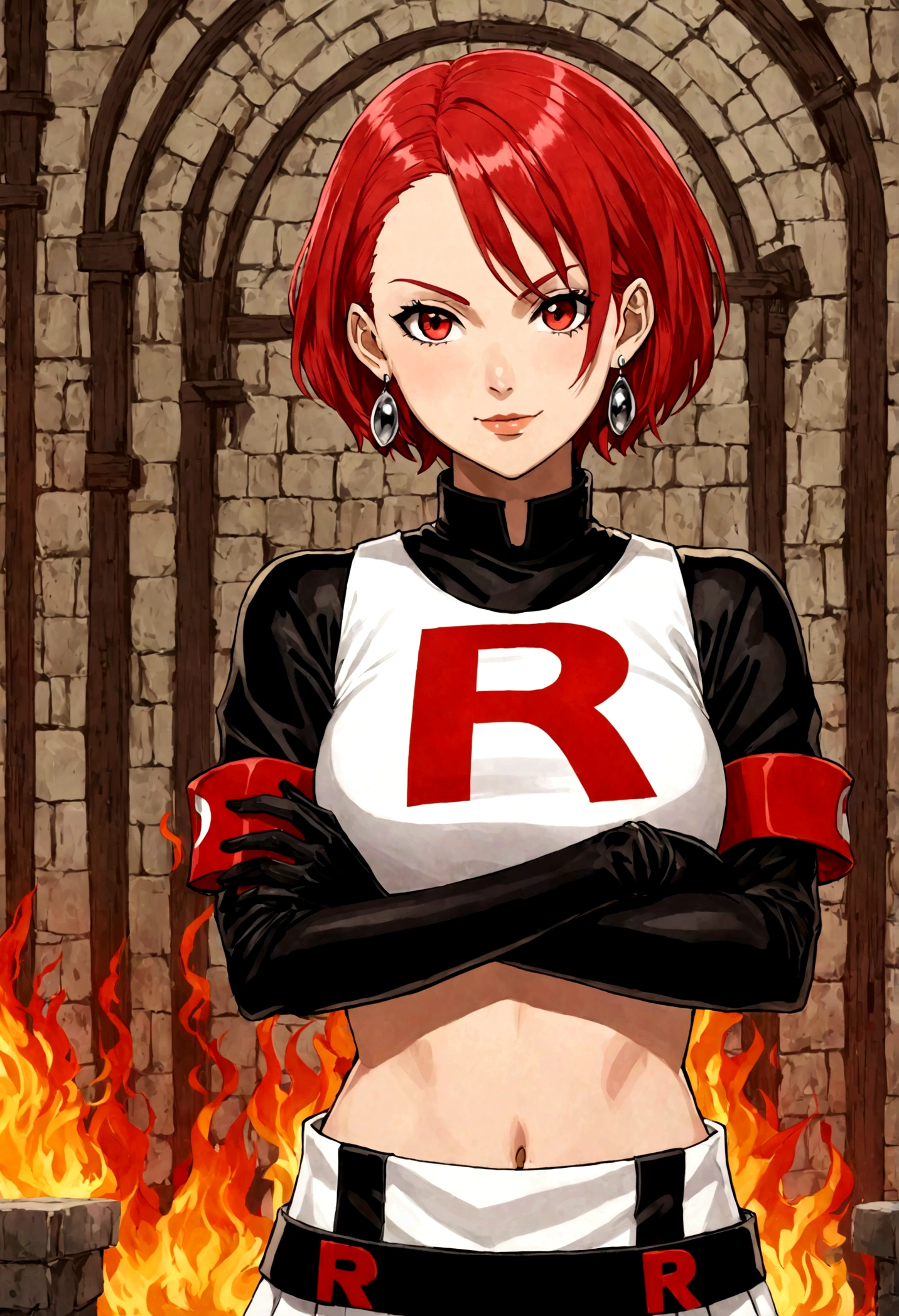 (((1 girl))) short hair, earings ,glossy lips ,team rocket uniform, red letter R, white skirt, white crop top, black thigh-high boots, black elbow gloves, evil smile, looking at viewer, cowboy shot, arms crossed, full body photo Mercedes von Martritz (Fire Emblem: Three Houses)