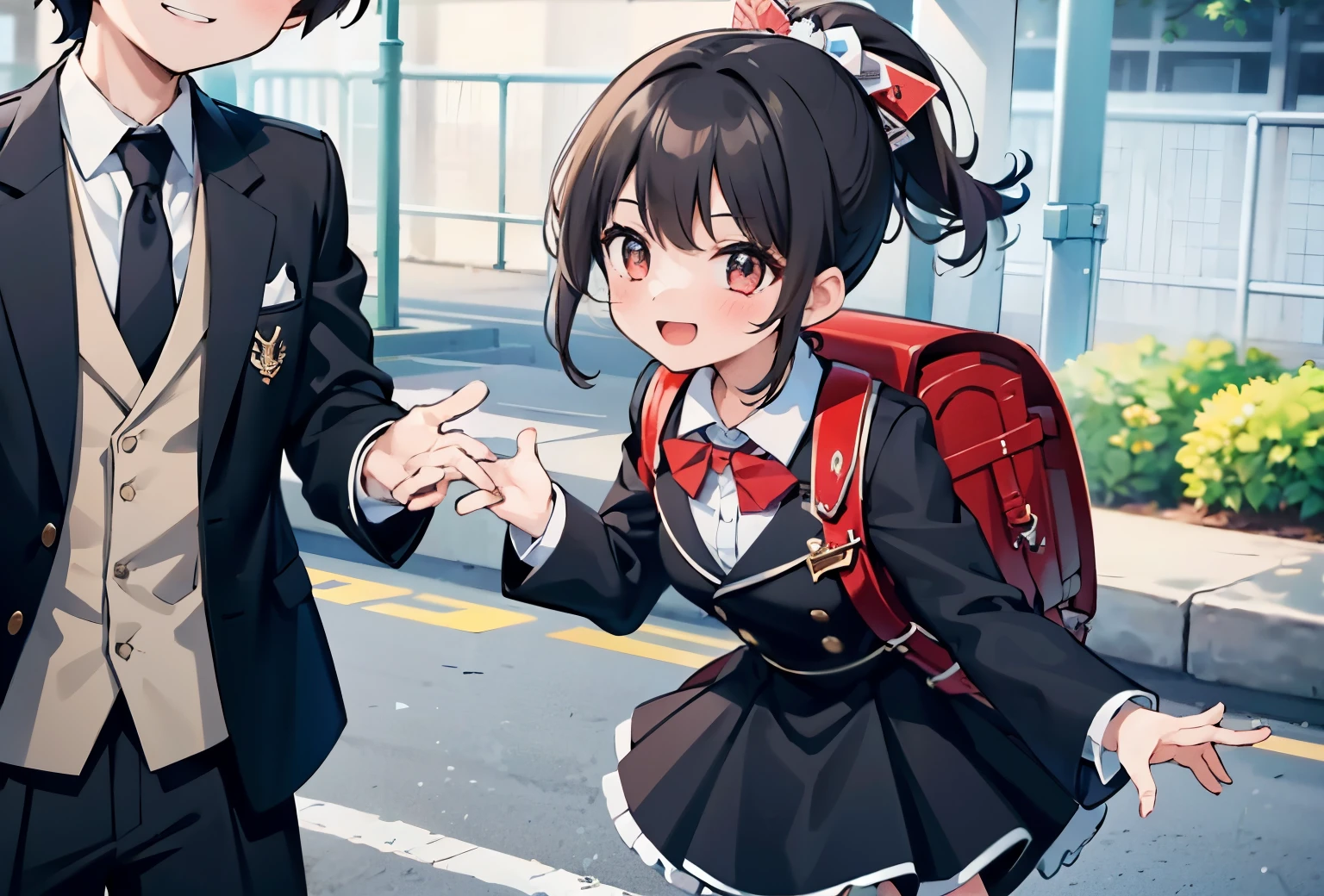 Masterpiece, hd, highschool students, 1girl and 1boy, standing, outdoor, a couple a boy and a girl, (1boy, black hair, smilewearing black blazer, white collared shirt, necktie, standing), (1girl, brown hair, medium hair, ponytail, hair ornaments, smile, wear idol dress, frilled dress, cute dress, bowtie, carries red backpack, standing), (couple:1.2)