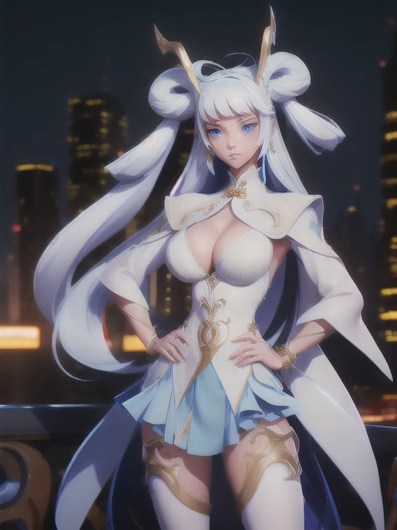 WZRYSun ShangxiangYJLQ, 1 Girl, Solitary, long hair, blue eyes,White stockings, skirt, Bangs, breast, Jewelry, Double tail,bracelet, cap子,cap, Become a, ,(((大breast)))breast下垂、Low-cut(((Cleavage )))、(((Wide hips,)))(((Hourglass figure)))((Long legs)),cityscape, night, looking at the audience, permanent, Cowboy shooting, Hands on Hips, A faint smile,
