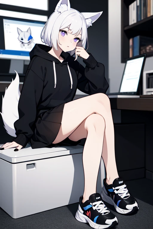 ((Best quality)), ((masterpiece)), (detailed), girl, with white hair, white fox ears, white fox tail, in a black hoodie, in black skirts, and in black stockings, and black sneakers, with a white fox, Purple eyes, sitting at the computer