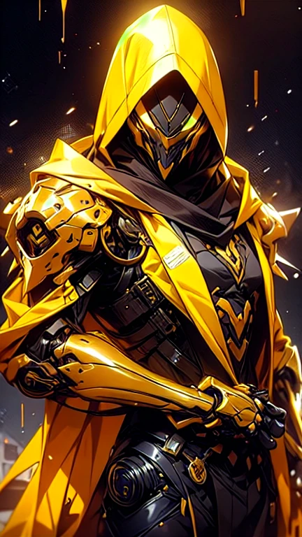 a man in a yellow jacket and yellow pants standing in dynamic fighting stance pose in a dark room, wearing cultist yellow robe, golden colour attire, character from mortal kombat, as a character in tekken, fighting game character, cyberpunk assassin, golden yellow hooded mage, cyberpunk outfits, golden yellow clothes, the yellow ninja, wearing leather assassin armor, an edgy assassin, cool yellow jacket, cyberpunk street goon,
