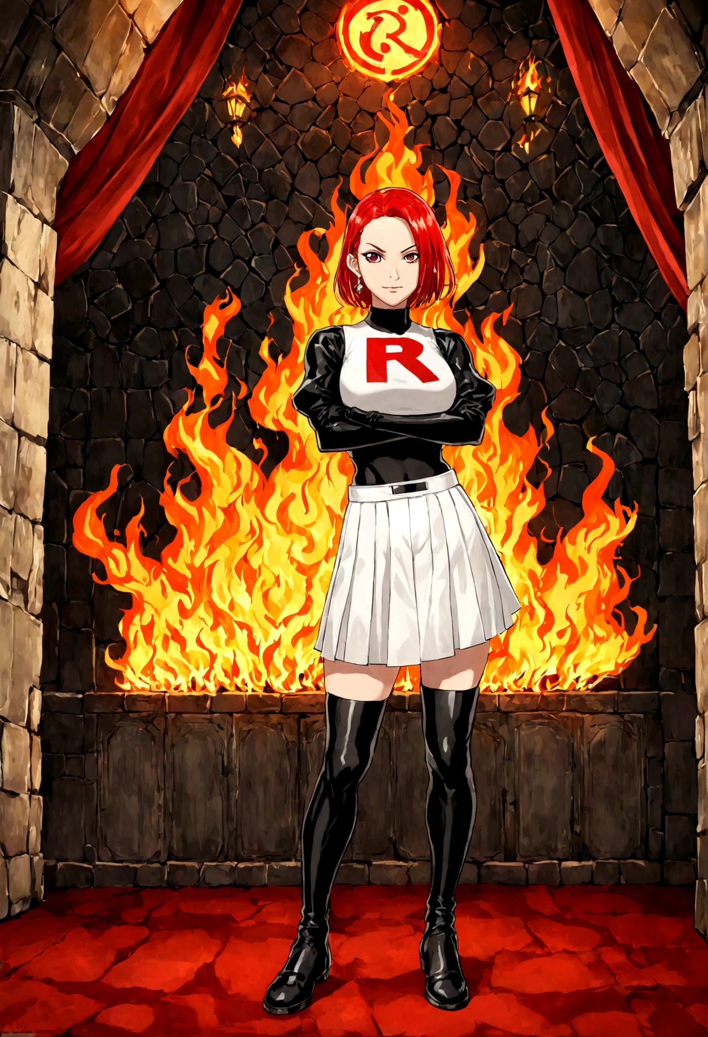 (((1 girl))) short hair, earings ,glossy lips ,team rocket uniform, red letter R, white skirt, white crop top, black thigh-high boots, black elbow gloves, evil smile, looking at viewer, cowboy shot, arms crossed, full body photo Mercedes von Martritz (Fire Emblem: Three Houses)