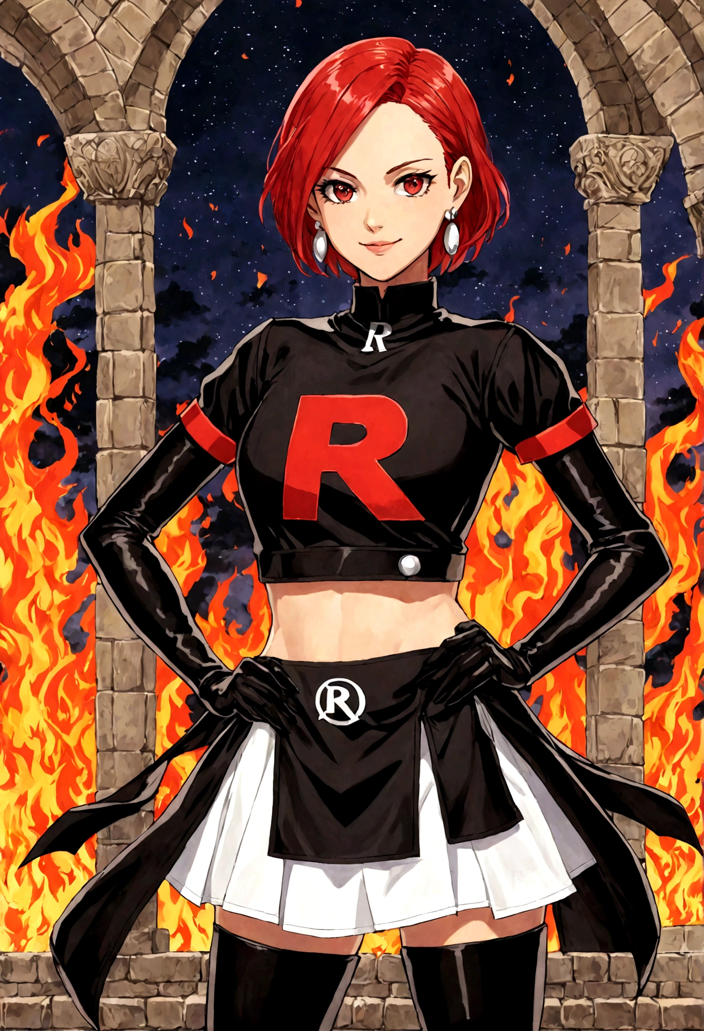 (((1 girl))) short hair, earings ,glossy lips ,team rocket uniform, red letter R, white skirt, white crop top, black thigh-high boots, black elbow gloves, evil smile, looking at viewer, cowboy shot, arms crossed, full body photo Mercedes von Martritz (Fire Emblem: Three Houses)
