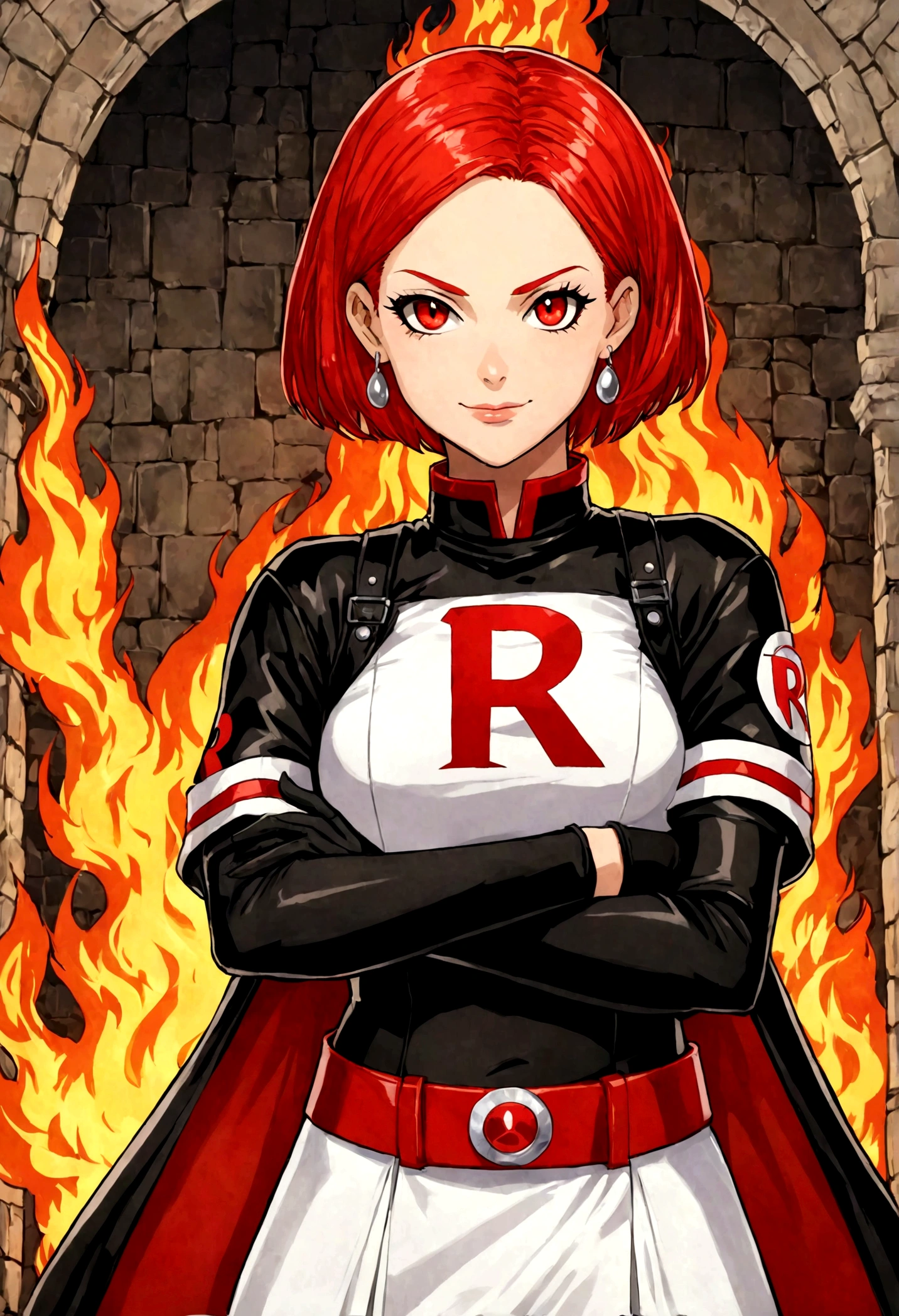 (((1 girl))) short hair, earings ,glossy lips ,team rocket uniform, red letter R, white skirt, white crop top, black thigh-high boots, black elbow gloves, evil smile, looking at viewer, cowboy shot, arms crossed, full body photo Mercedes von Martritz (Fire Emblem: Three Houses)