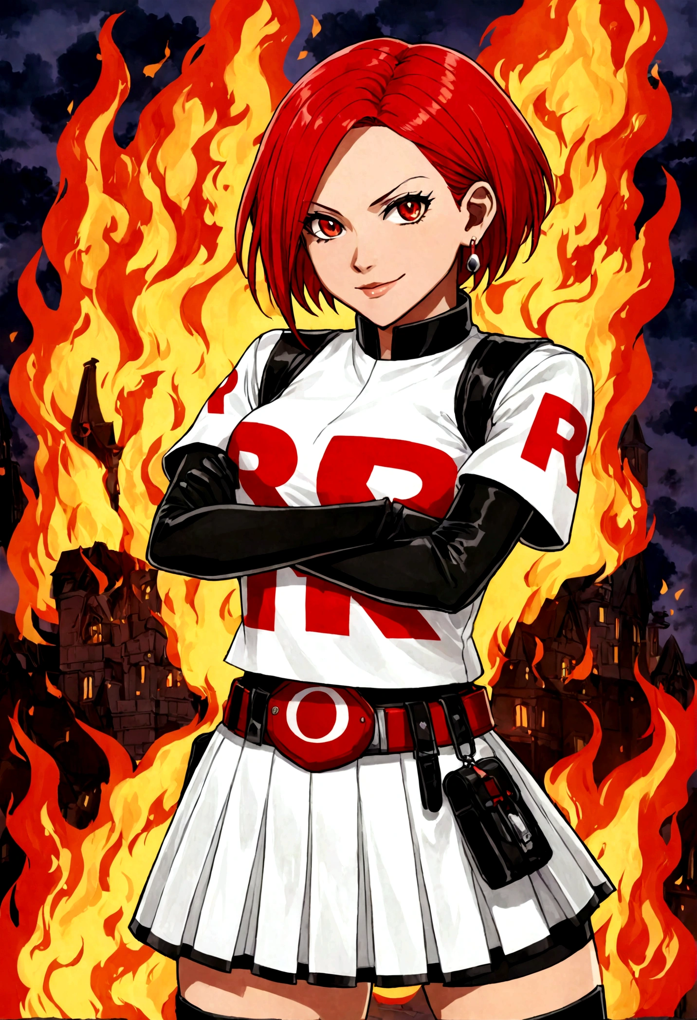 (((1 girl))) short hair, earings ,glossy lips ,team rocket uniform, red letter R, white skirt, white crop top, black thigh-high boots, black elbow gloves, evil smile, looking at viewer, cowboy shot, arms crossed, full body photo Mercedes von Martritz (Fire Emblem: Three Houses)