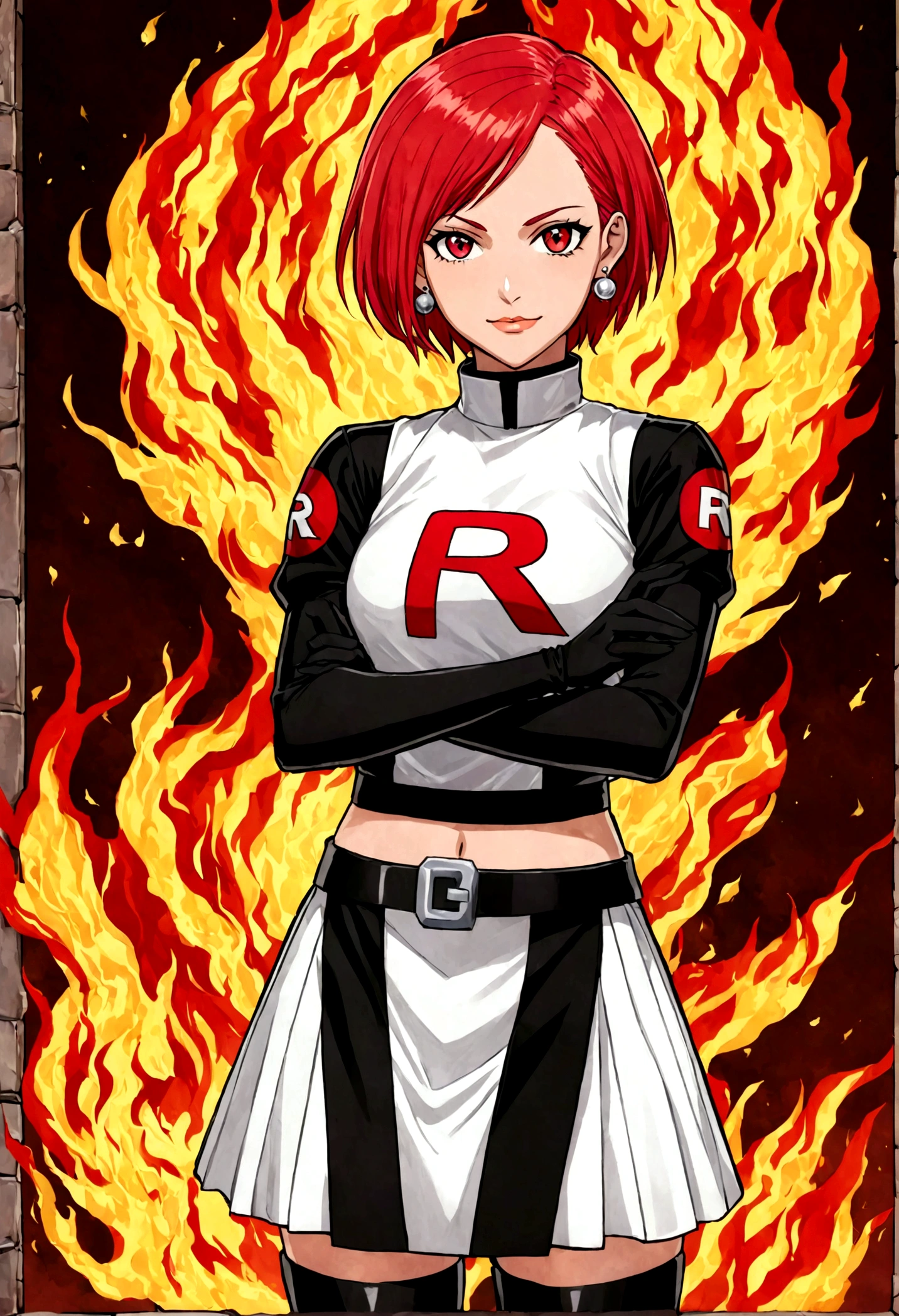 (((1 girl))) short hair, earings ,glossy lips ,team rocket uniform, red letter R, white skirt, white crop top, black thigh-high boots, black elbow gloves, evil smile, looking at viewer, cowboy shot, arms crossed, full body photo Mercedes von Martritz (Fire Emblem: Three Houses)