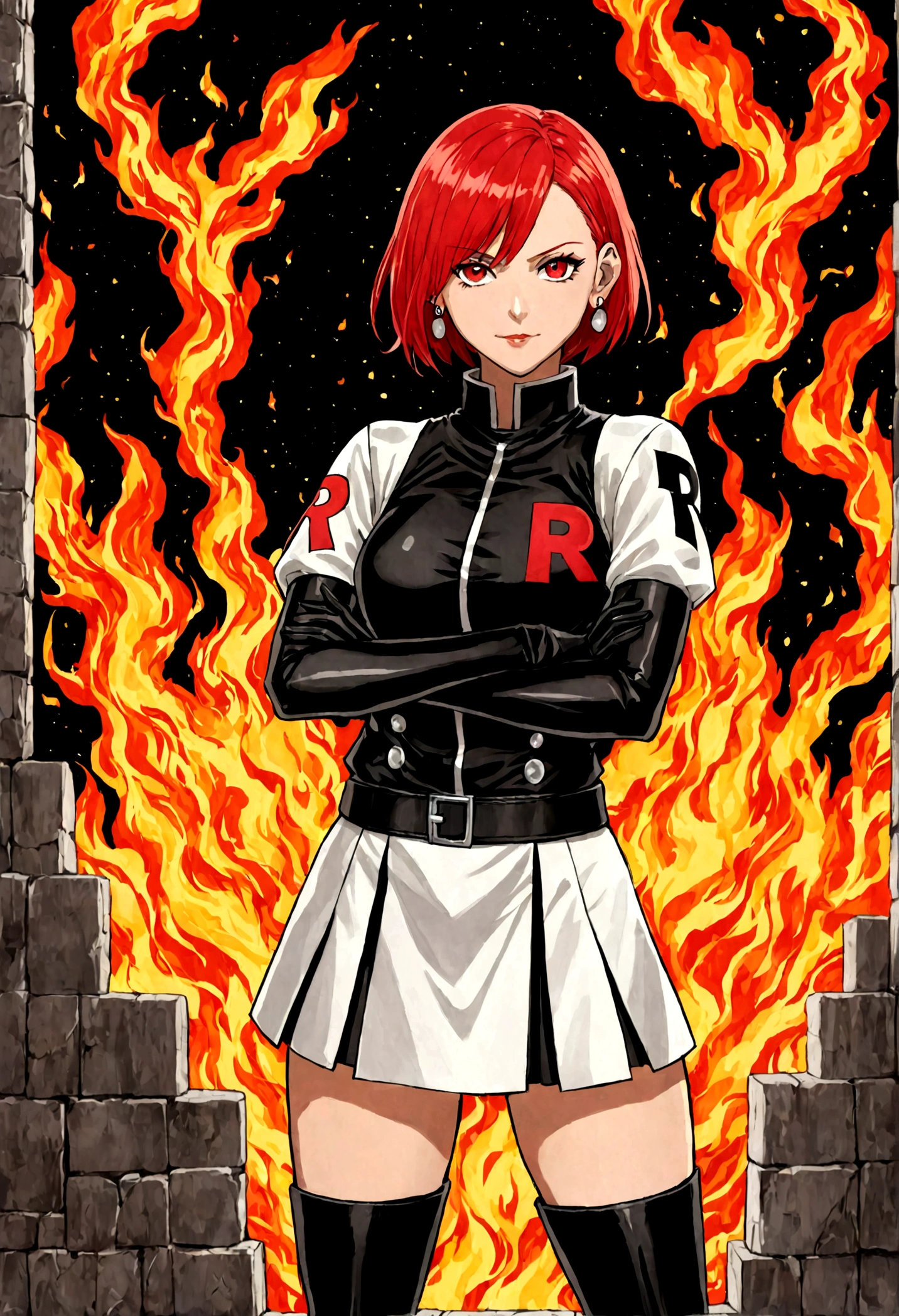 (((1 girl))) short hair, earings ,glossy lips ,team rocket uniform, red letter R, white skirt, white crop top, black thigh-high boots, black elbow gloves, evil smile, looking at viewer, cowboy shot, arms crossed, full body photo Mercedes von Martritz (Fire Emblem: Three Houses)