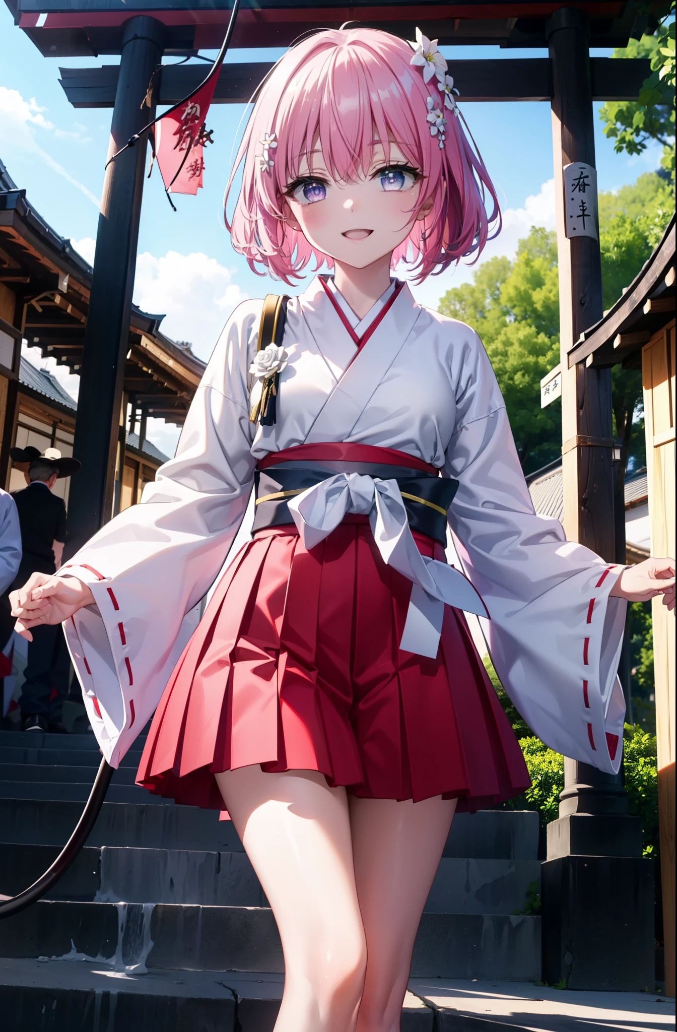 Momodebilke, A type of Deviluke, demon tail, Hair Flowers, hair ornaments, (Purple eyes:1.1), Pink Hair, short hair, tail, smile,happy smile, smile, Open your mouth,
break demon tail, Miko, White kimono, Long red hakama,White tabi,Sandals,kimono, As with the skirt, Wide sleeves, Long sleeve, Daytime,Clear skies,
break outdoors, shrine,torii,
break looking at viewer, (Cowboy Shot:1.5),
break (masterpiece:1.2), highest quality, High resolution, unity 8k wallpaper, (figure:0.8), (beautiful detailed eyes:1.6), extremely detailed face, Perfect lighting, extremely detailed CG, (Perfect hands, Perfect Anatomy),