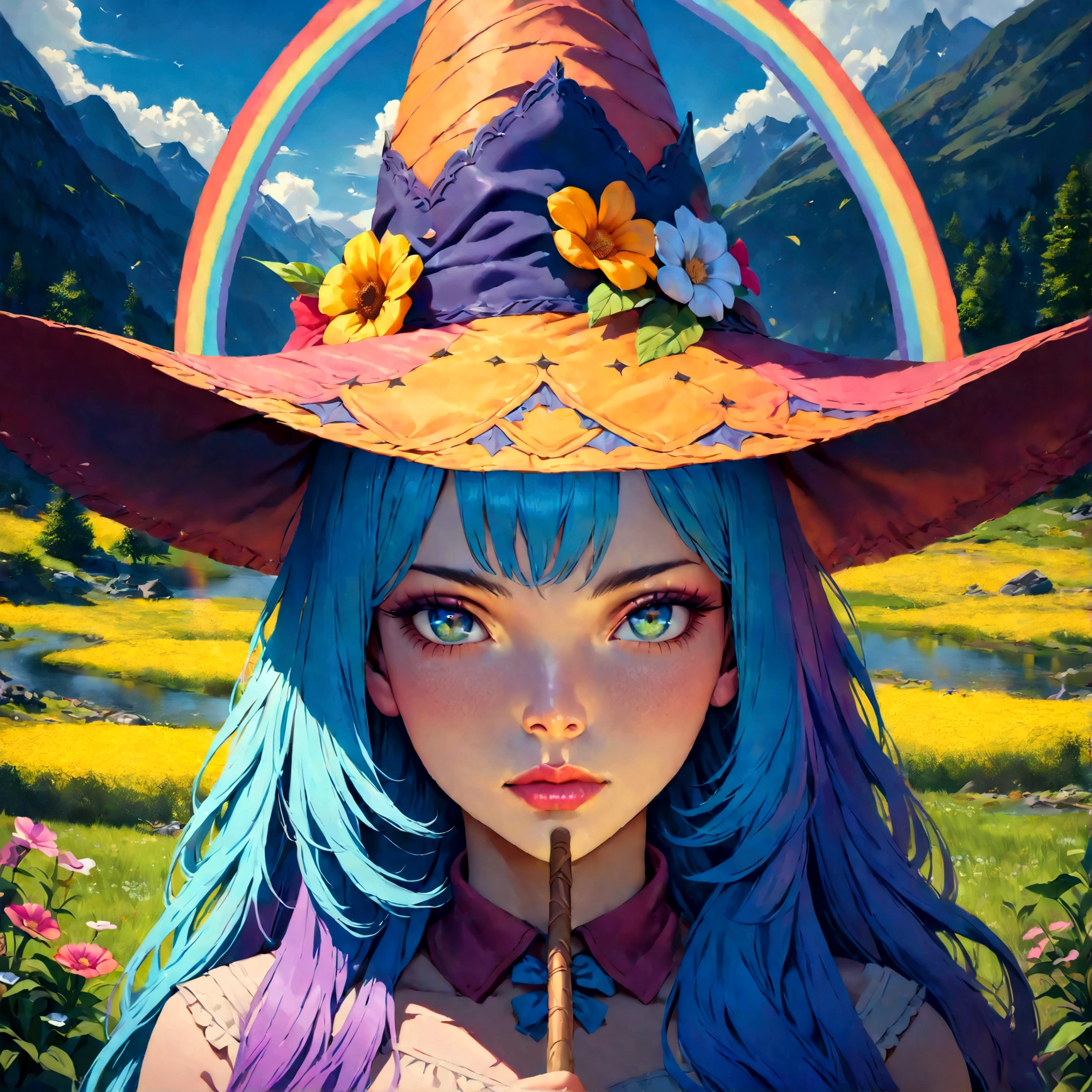 a colorful anime rainbow witch, 1girl, beautiful detailed eyes, beautiful detailed lips, extremely detailed face and features, long eyelashes, rainbow colored hair, witch hat, wand, magical rainbow effects, fantasy landscape, colorful flowers, glowing nature, vibrant colors, (best quality, 4k, 8k, highres, masterpiece:1.2), ultra-detailed, (realistic, photorealistic, photo-realistic:1.37), vibrant colors, fantasy art, digital painting