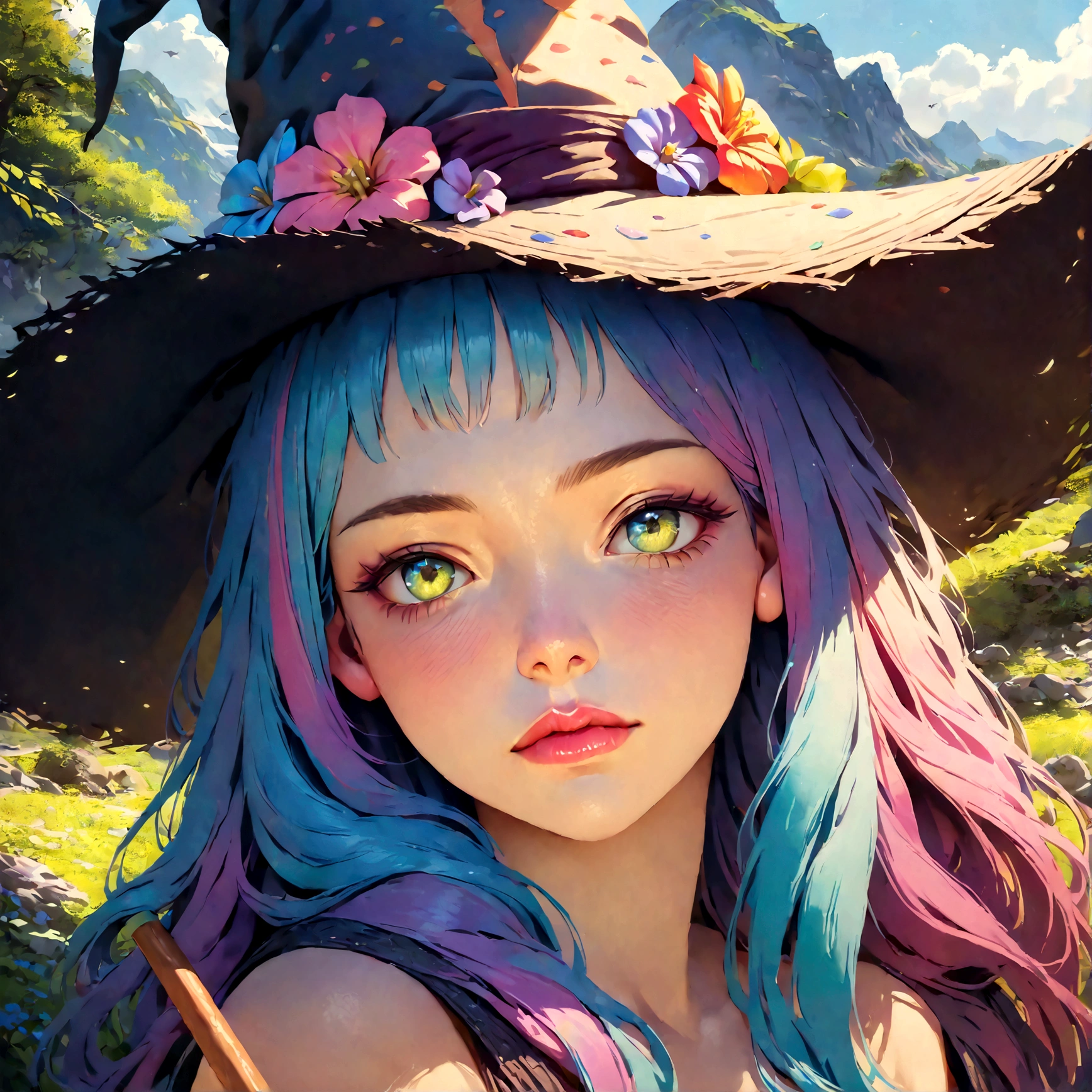 a colorful anime rainbow witch, 1girl, beautiful detailed eyes, beautiful detailed lips, extremely detailed face and features, long eyelashes, rainbow colored hair, witch hat, wand, magical rainbow effects, fantasy landscape, colorful flowers, glowing nature, vibrant colors, (best quality, 4k, 8k, highres, masterpiece:1.2), ultra-detailed, (realistic, photorealistic, photo-realistic:1.37), vibrant colors, fantasy art, digital painting