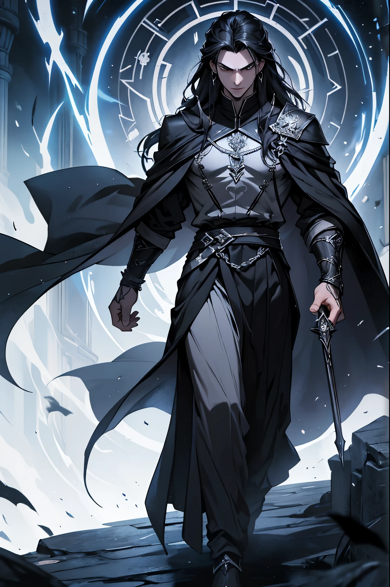 Create a full-body fantasy illustration of Alexios Vlahos (Moros). He stands slender and athletic, wearing a long, black tunic with silver details resembling runes or symbols of fate, and an elegant, flowing black cloak. His black, straight hair is slicked back, and his dark gray, almost black eyes reflect his imposing and mysterious presence. Surround him with a dark, ethereal aura with shifting shadows and a grayish glow to highlight his formidable and fatalistic power.
