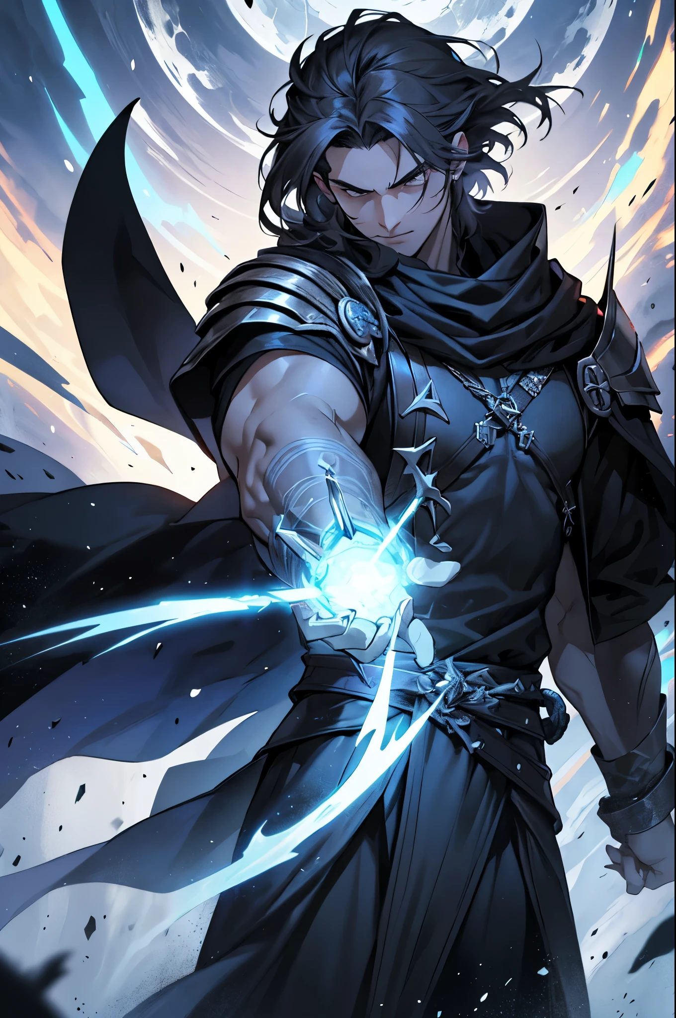 Illustrate Alexios Vlahos (Moros) in an action pose. He is in the midst of summoning dark powers, with his long, black tunic with silver details and flowing black cloak moving dynamically. His dark gray, almost black eyes are focused and intense. Surround him with a dynamic dark, ethereal aura with shifting shadows and a grayish glow to showcase his connection with Moros and his powerful presence.