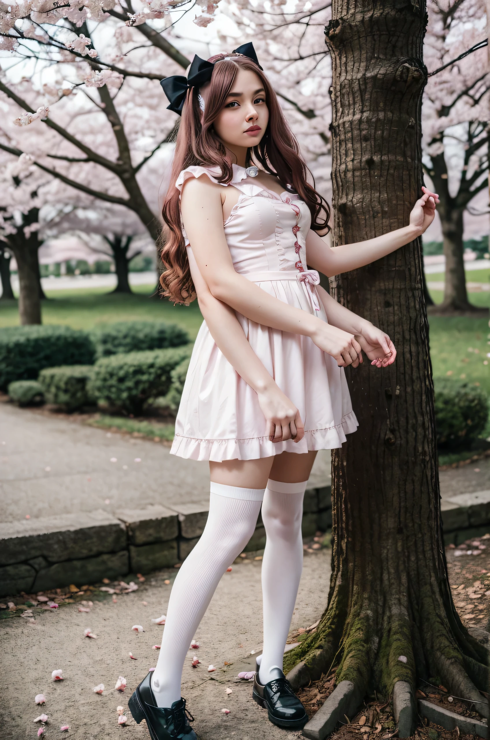 young woman with four arms, age 20, slightly curvy, blonde hair, ta fashion, burgundy and white loliress, hair ribbons, white knee high socks, black shoes, in a park surrounded by cherry blossom trees,
