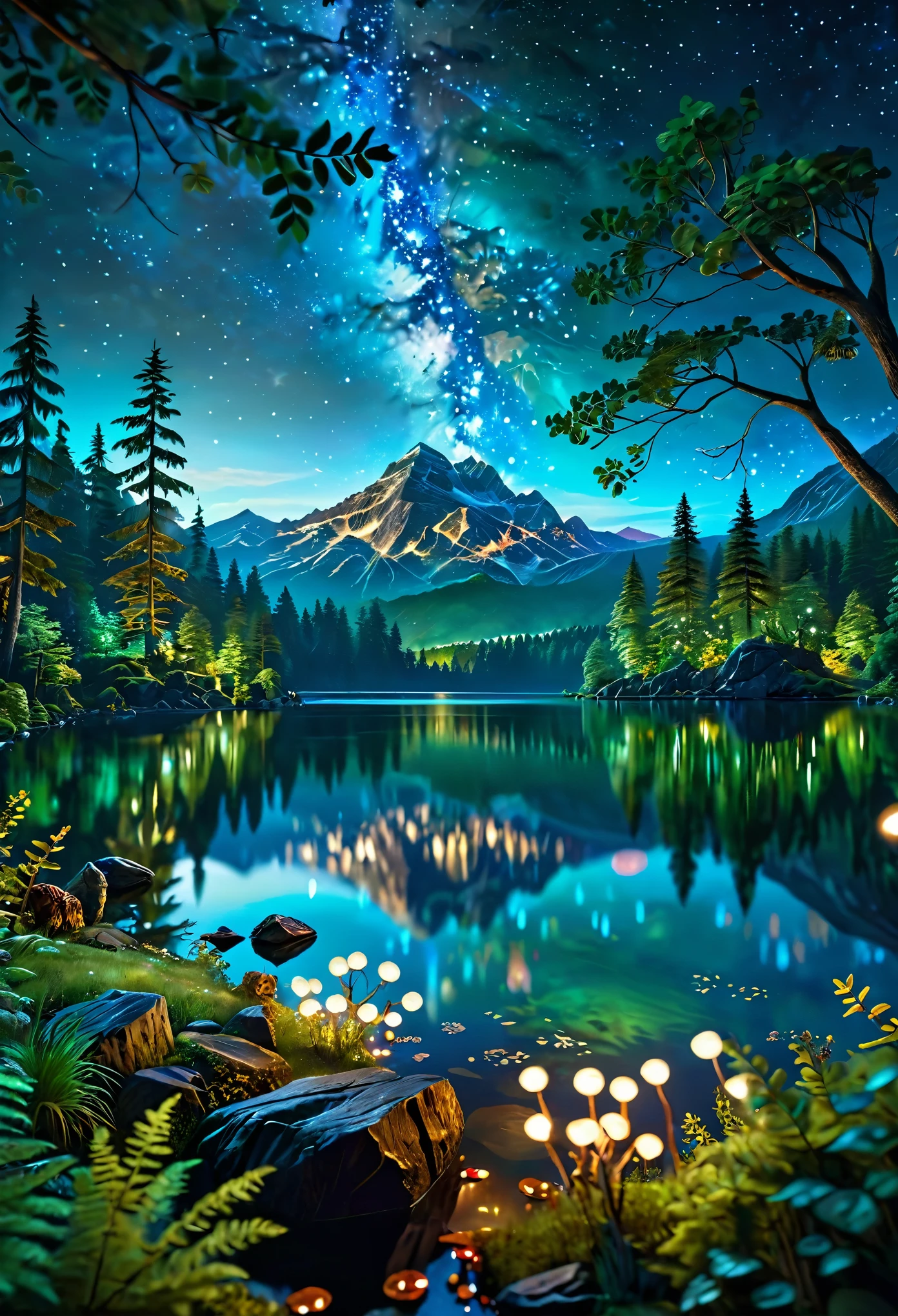 35mm photograph, film, bokeh, professional, beautiful fantasy forest with a mountain in the background and a lake at night with milyway in the sky, hyperrealistic, super realistic, sharp focus, 32k, (((masterpiece))) (((ultimate quality))), exquisite beauty, highiest texture resolution, photorealistic, fantasy setting, epic composition