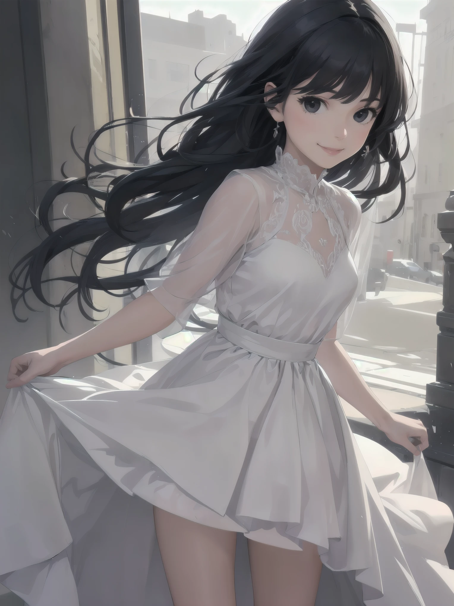 1girl, solo, long hair, looking at viewer, smile, bangs, black hair, dress, standing, white dress, black eyes, realistic, voice actor