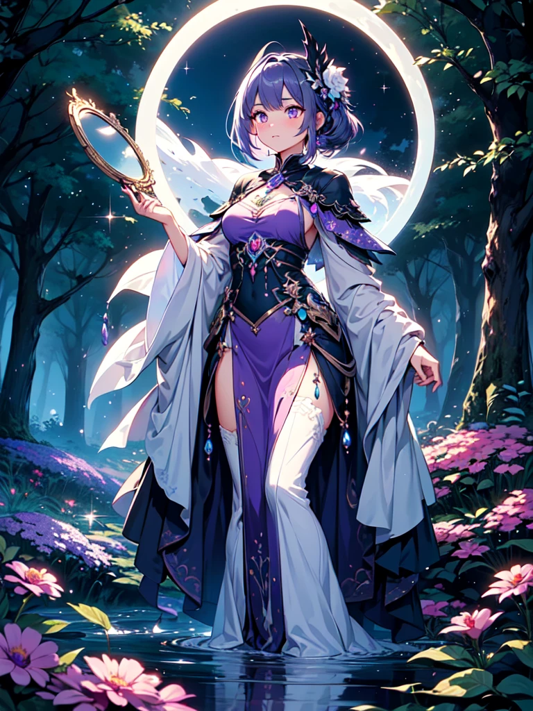 A charming artwork of a mystical and shimmering female character in a magical, moonlit landscape. The full-body view reveals her dressed in glistening purple and silver clothes that catch the light beautifully. Despite her short height, she captivates with her enchanting presence. Her medium-length purple hair and white eyes give her an ethereal, otherworldly charm. She holds an enchanted mirror, reflecting her timid and cute demeanor.
The background is an enchanted grove illuminated by soft moonlight, with sparkling dew drops on the grass and glowing flowers. Wisps of magical energy float in the air, and a gentle stream flows nearby, creating a serene and mystical atmosphere.