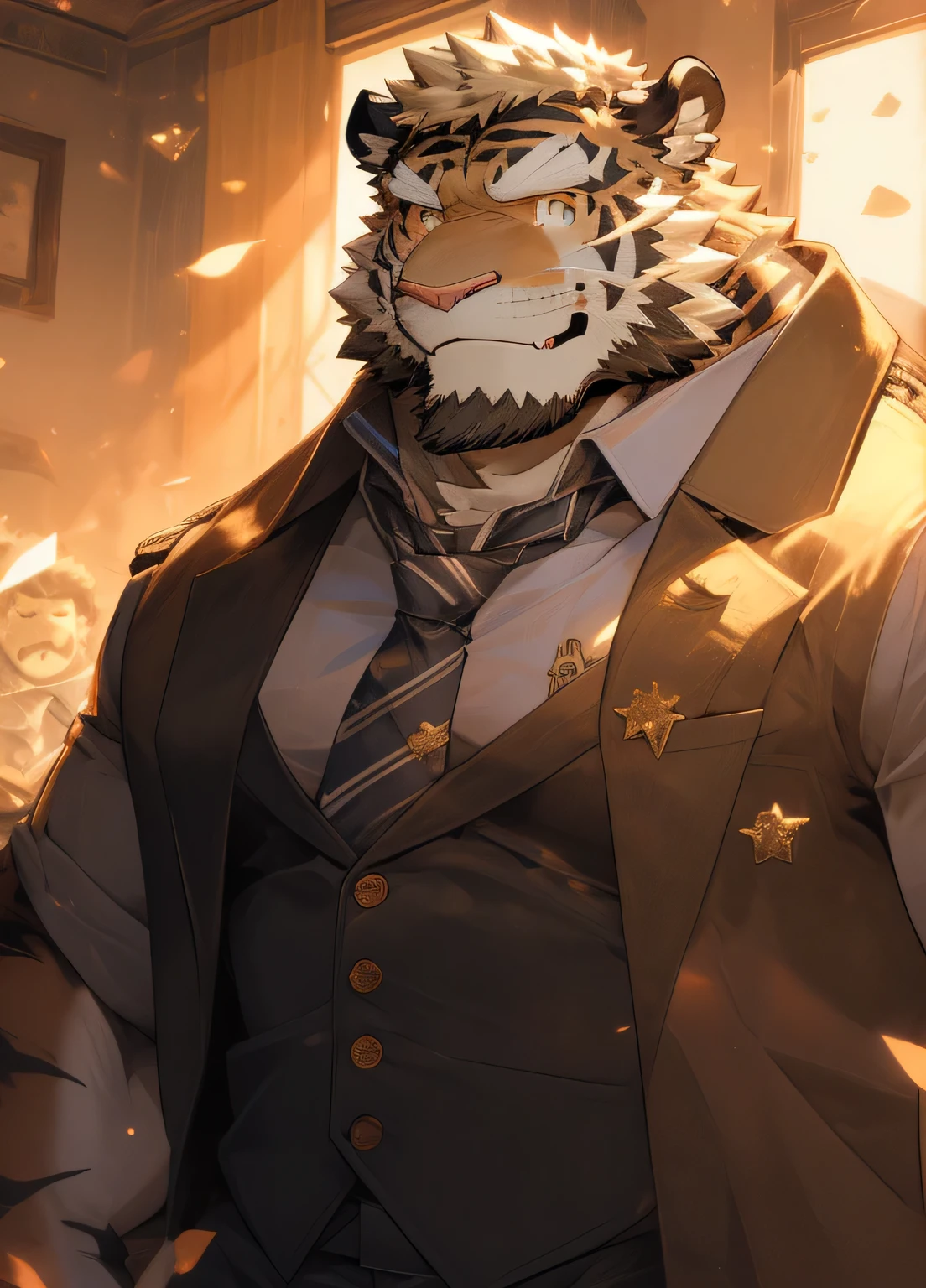 (masterpiece),(Very detailed),(best quality),hairy,Tiger Orc,Orange fur,With some blond hair,Golden pupils,Special military emblem,muscular,(military uniform:1.2),((black:1.3,tie:1.4)),(((unbutton your clothes))),(((Smile))),(Warm and cheerful:1.1),Sit upright,dusk,Sunset outside the window,Light shines in from the window,(Very detailed),8K,(super high quality),Hairy Tiger Tail,Abdominal muscles,Handsome,Young tiger