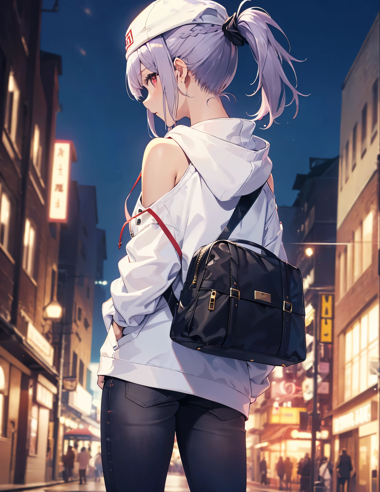 (Close-up:1.3),Realistic,highest quality, Super detailed, High-quality CG rendering, The most delicate and beautiful, Floating softly, High resolution, (1 girl), (highest quality,4K,8k,masterpiece:1.2), Light purple hair,(ponytail:1.5),Red eyes,(Pure white oversized hoodie:1.3),(Black skinny pants:1.3),(Pure white cap:1.3),In the city,old buildings,(Upper Body:1.3),(Turn your back to your audience:1.3),Ass,(Small shoulder bag:1.3)