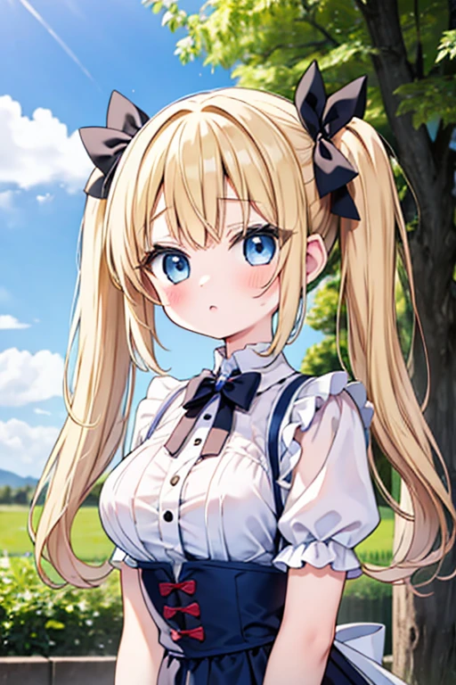 blonde blue eyes、Lolita、small breasts、twin tails、female brat,large breasts,cute eyes,puffy eyes,Catch beetle,